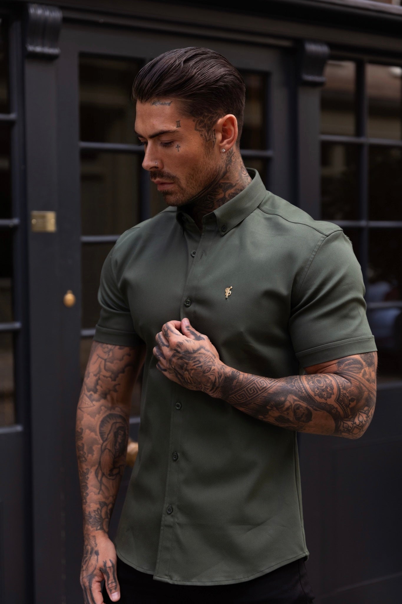 Super Slim Stretch Khaki Denim Short Sleeve with Gold Metal Decal and Button Down Collar - FS1043
