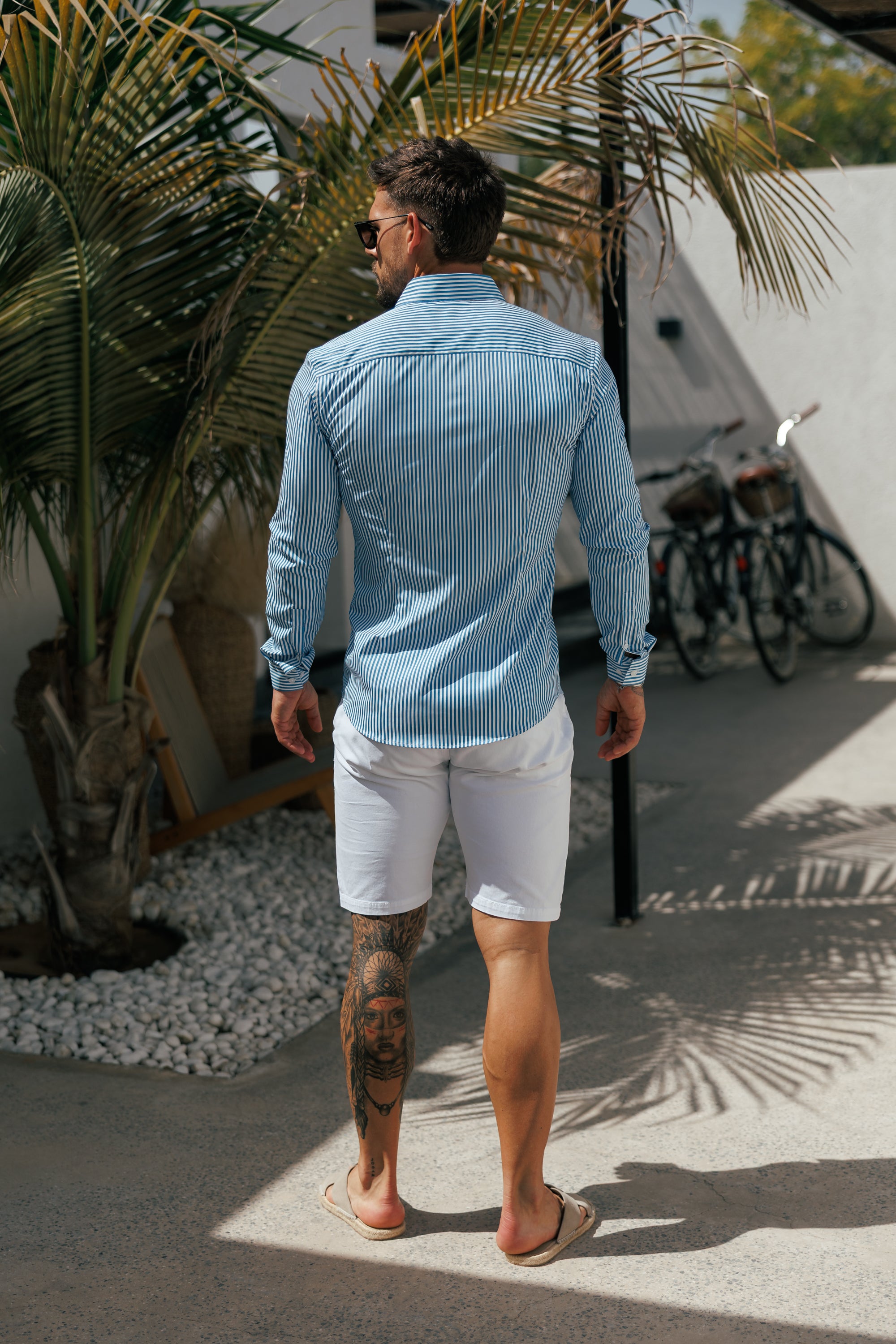 Super Slim Stretch Sateen Touch White / Blue Single Stripe Long Sleeve  -  FS1261 (PRE ORDER 28TH AUGUST)