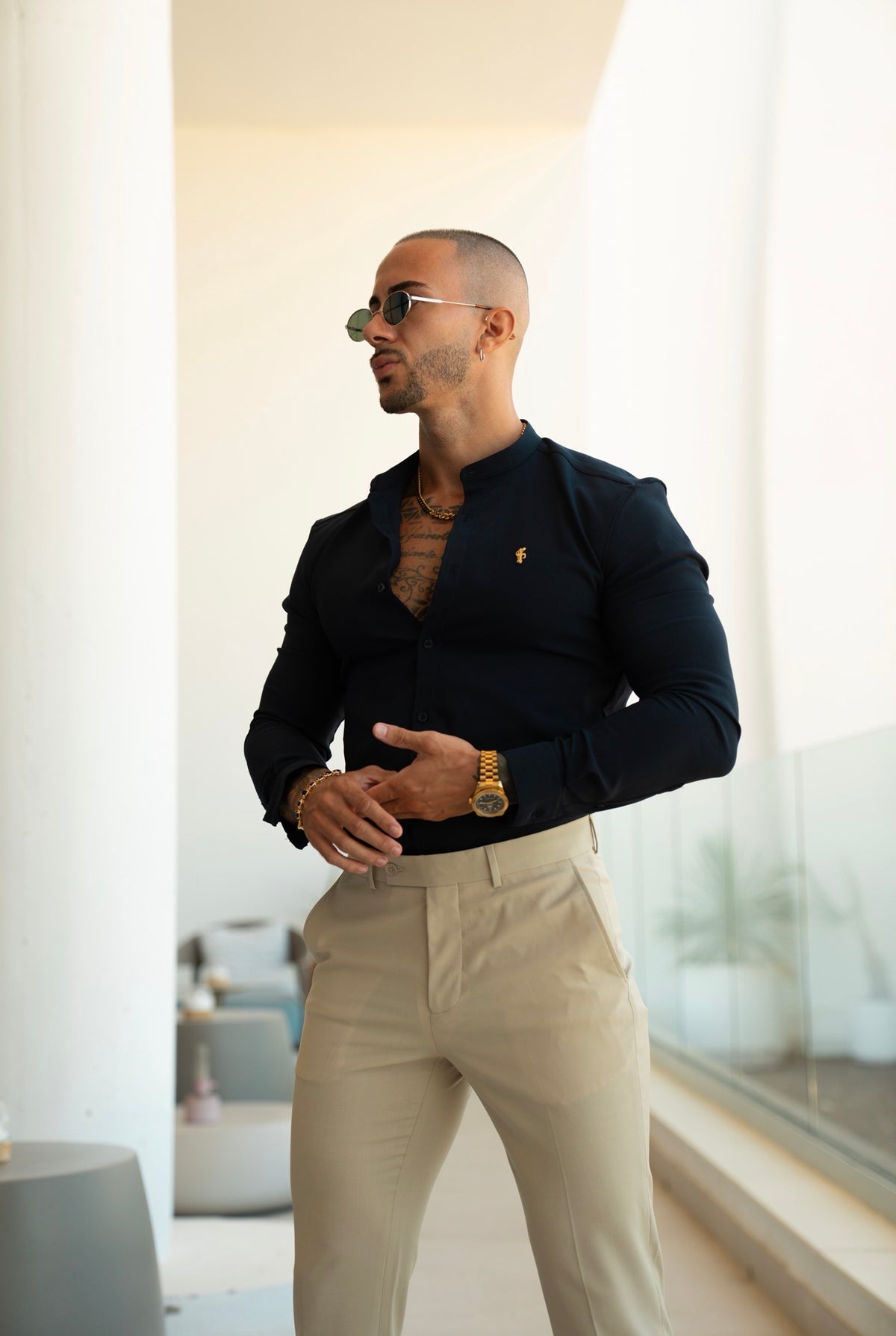 Super Slim Scuba Navy Long Sleeve Stretch With Grandad Collar With Gold Decal  - FS1265