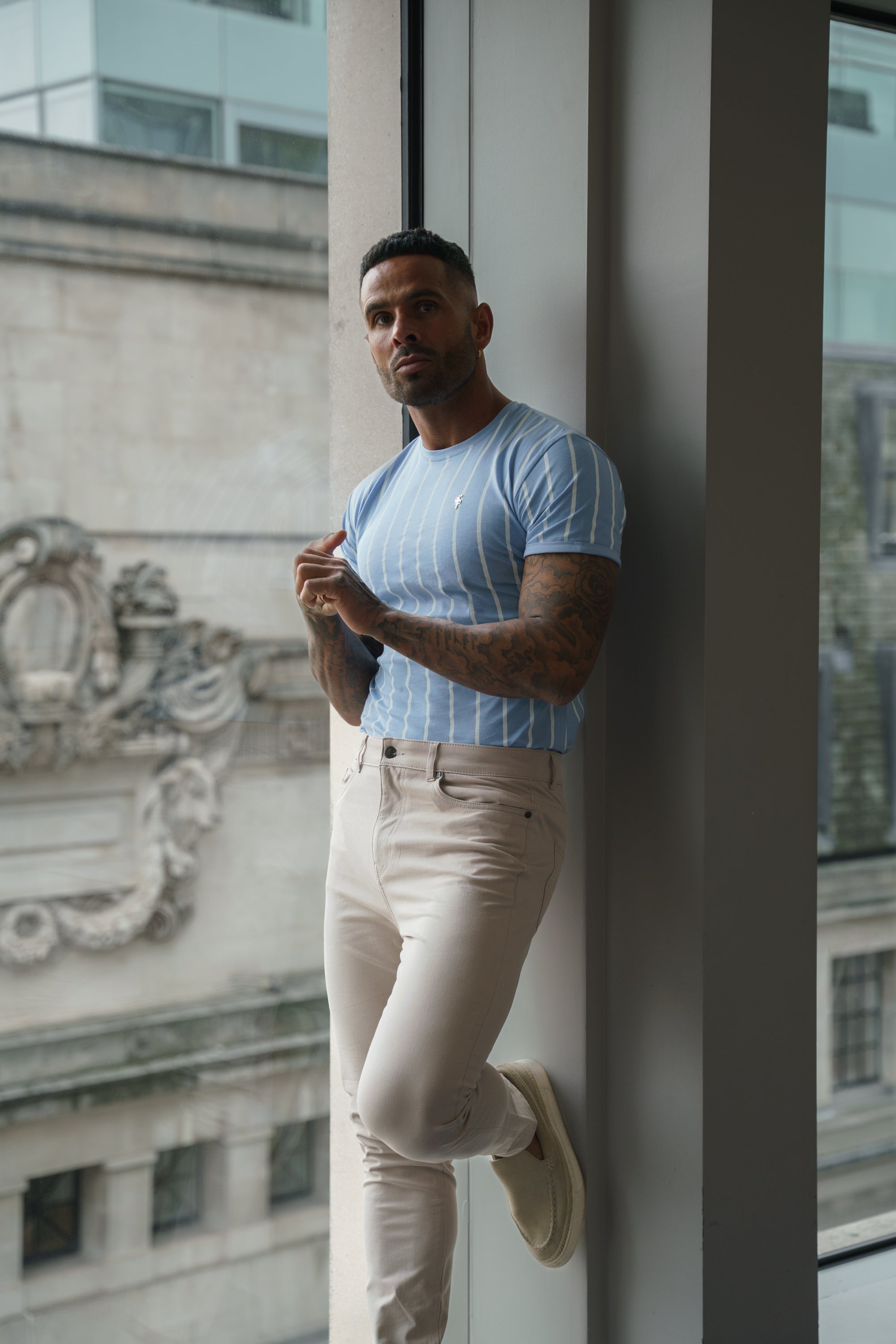 Printed Light Blue / White Stripe Fitted T Shirt - FSH1169