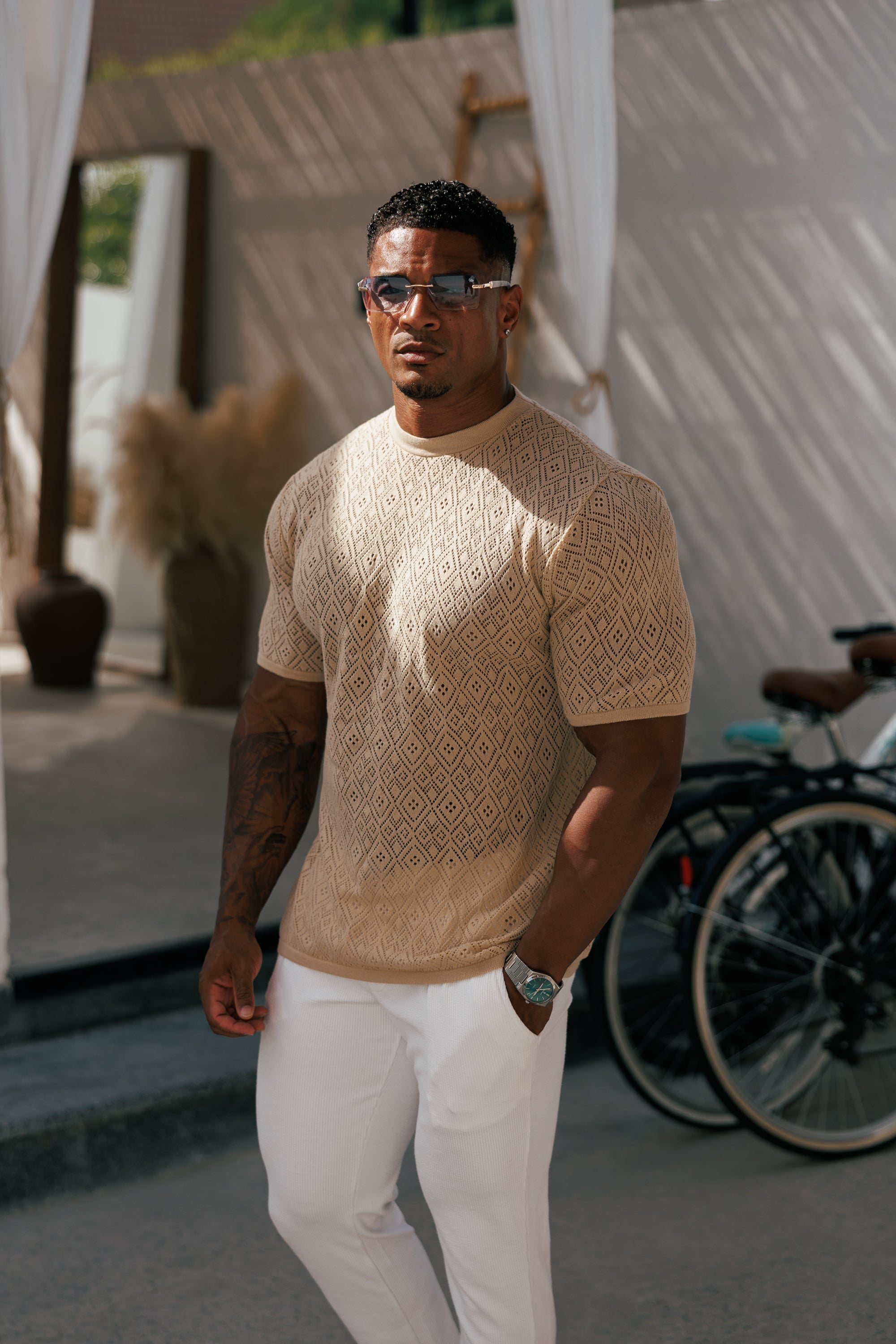 Crochet Crew T-Shirt Honesty Beige Short Sleeve - FSJ087