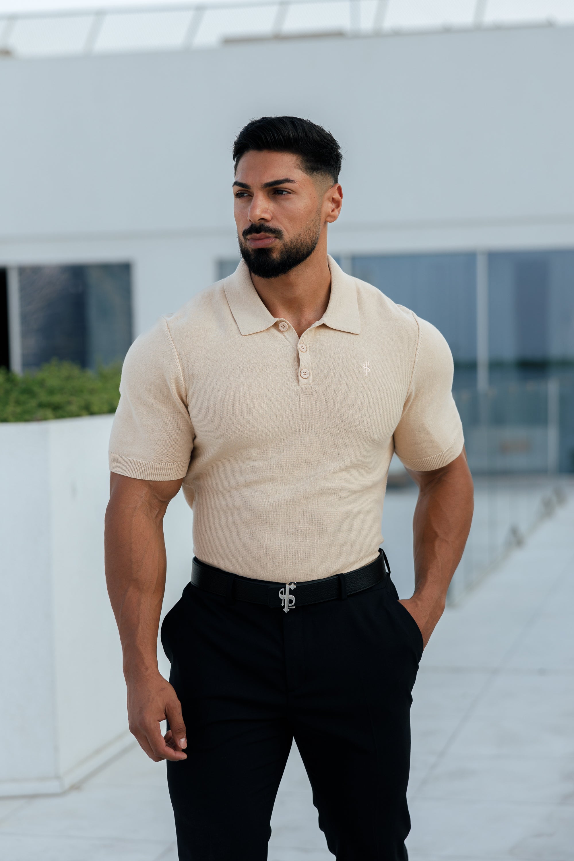 Classic Plain Beige Knitted Polo Short Sleeve - FSN111
