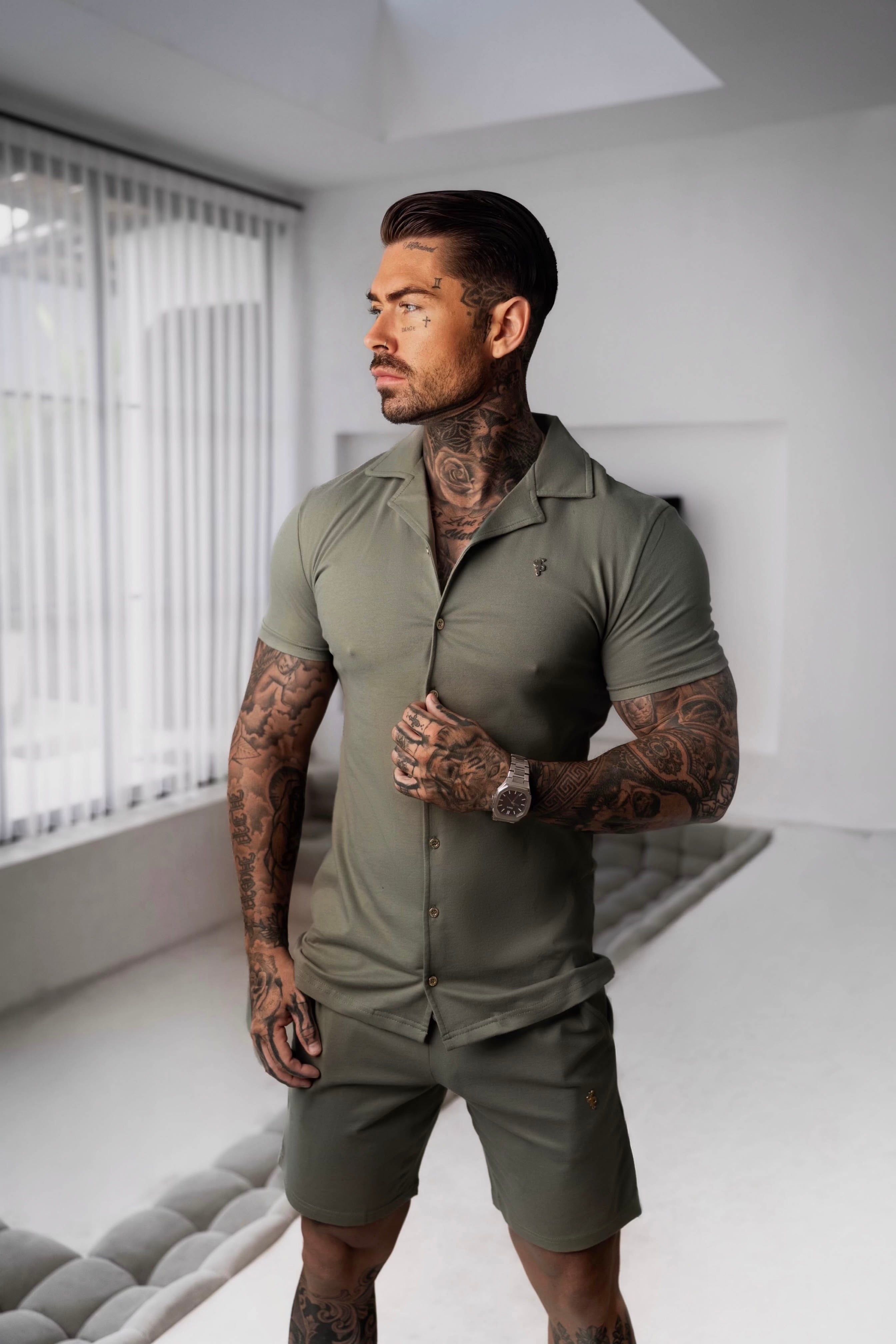 Stretch Olive / Gold Pique Revere Shirt Short Sleeve - FSH1387