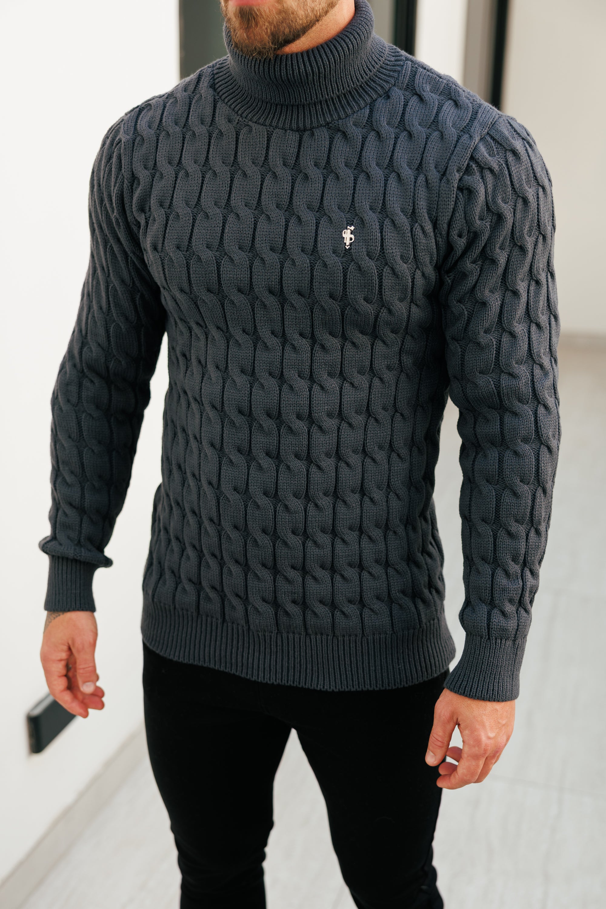 Link Weave Knit Charcoal Roll Neck Jumper - FSJ105
