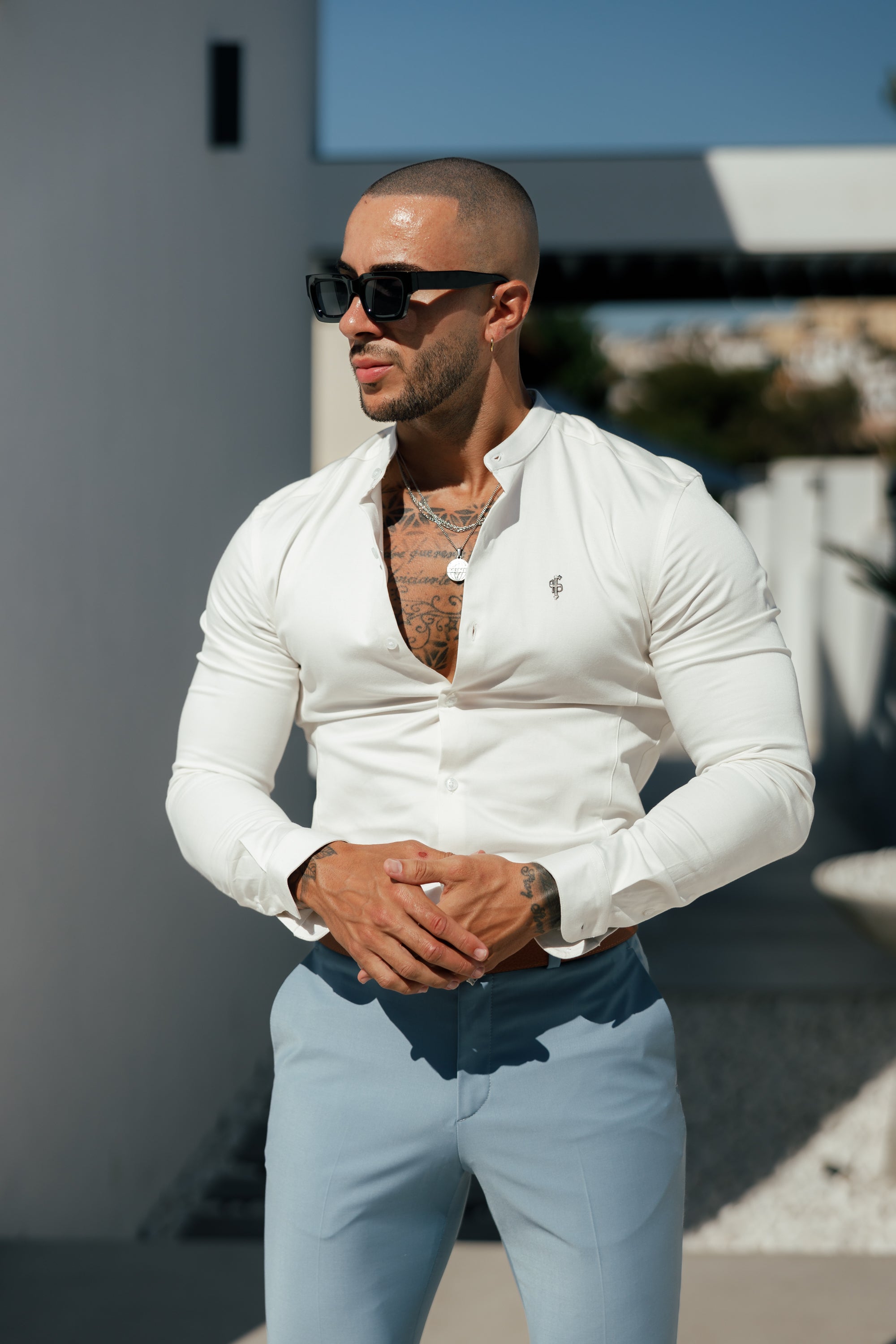 Super Slim Stretch Off White Side Panel Shirt Grandad Collar LS - FS1091