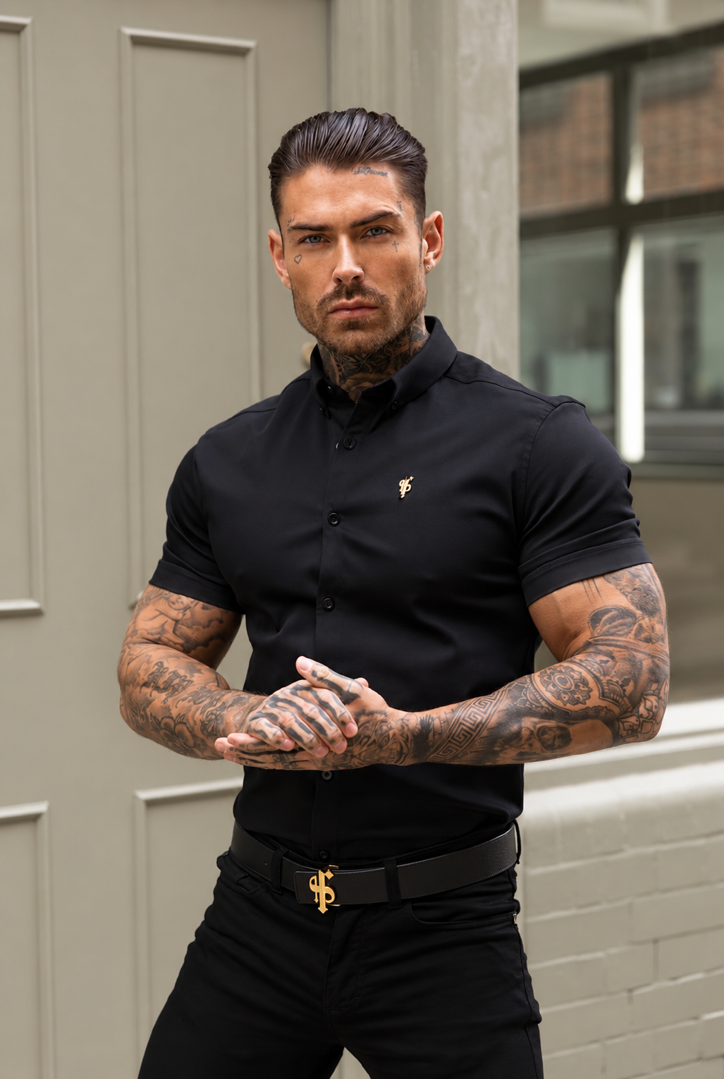 Super Slim Stretch Black Denim Short Sleeve with Gold Embroidery and Button Down Collar - FS1041