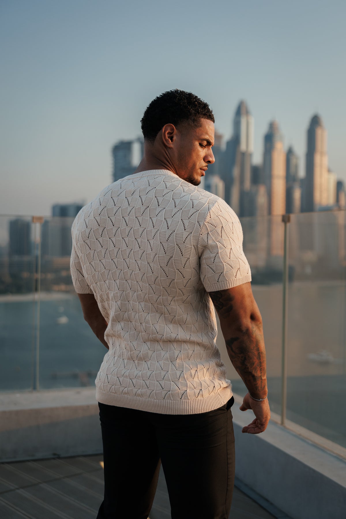 Beige Wave Weave Knit Short Sleeve Sleeve T-Shirt - FSJ171