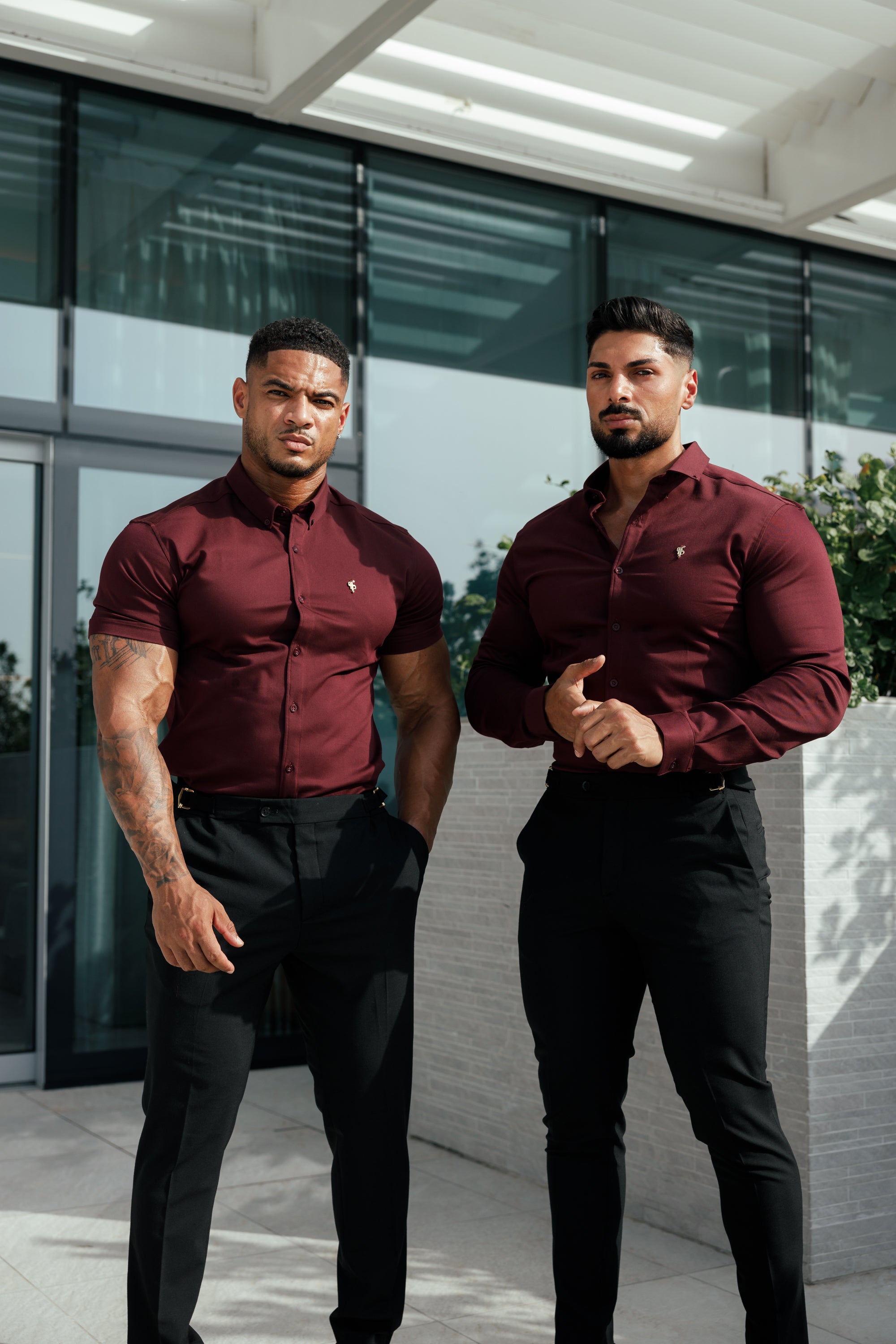 Super Slim Stretch Burgundy Denim Long Sleeve with Gold Metal Decal and Button Down Collar - FS1046