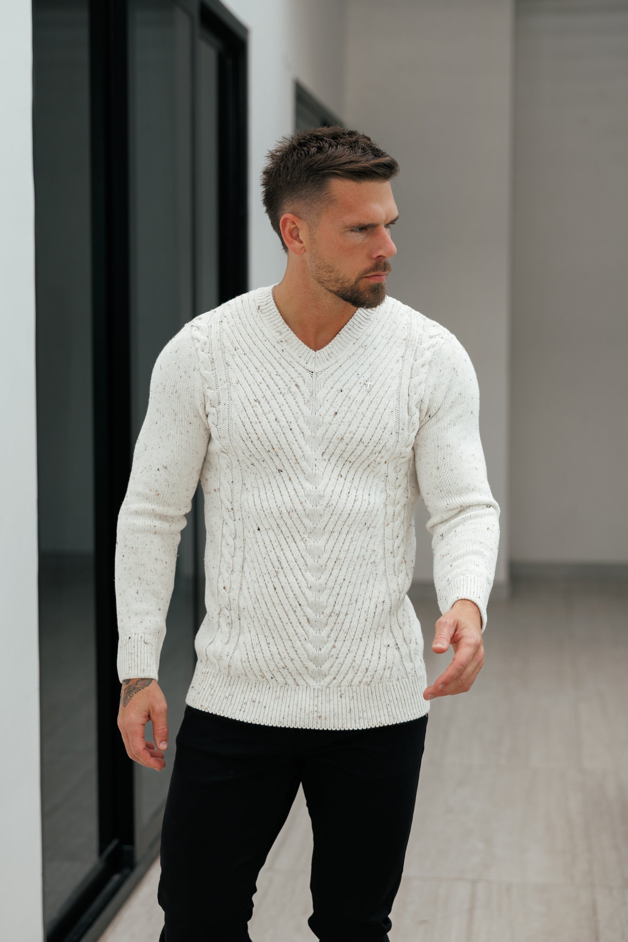 Chevron Front Beige Fleck V Neck Jumper - FSJ153