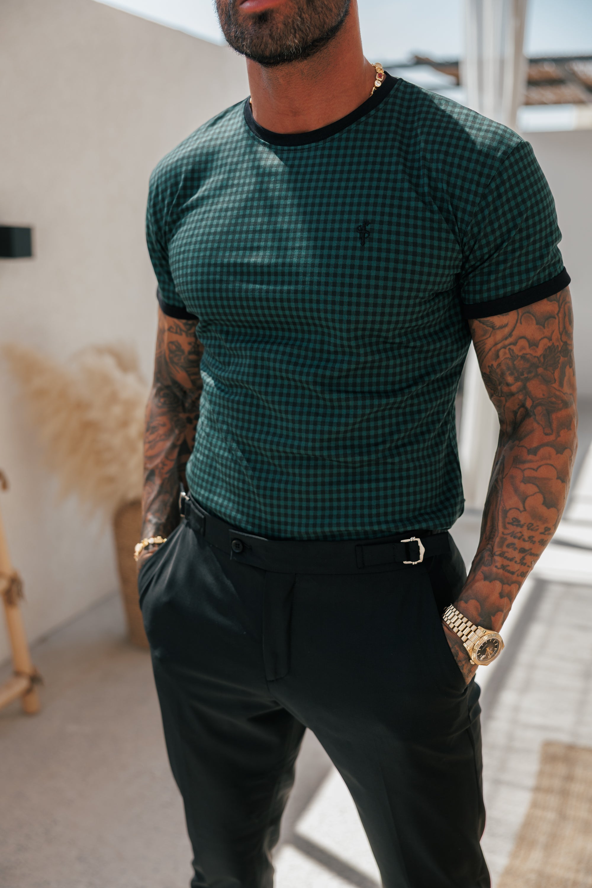 Printed Forest Green / Black Check Fitted T Shirt - FSH1241