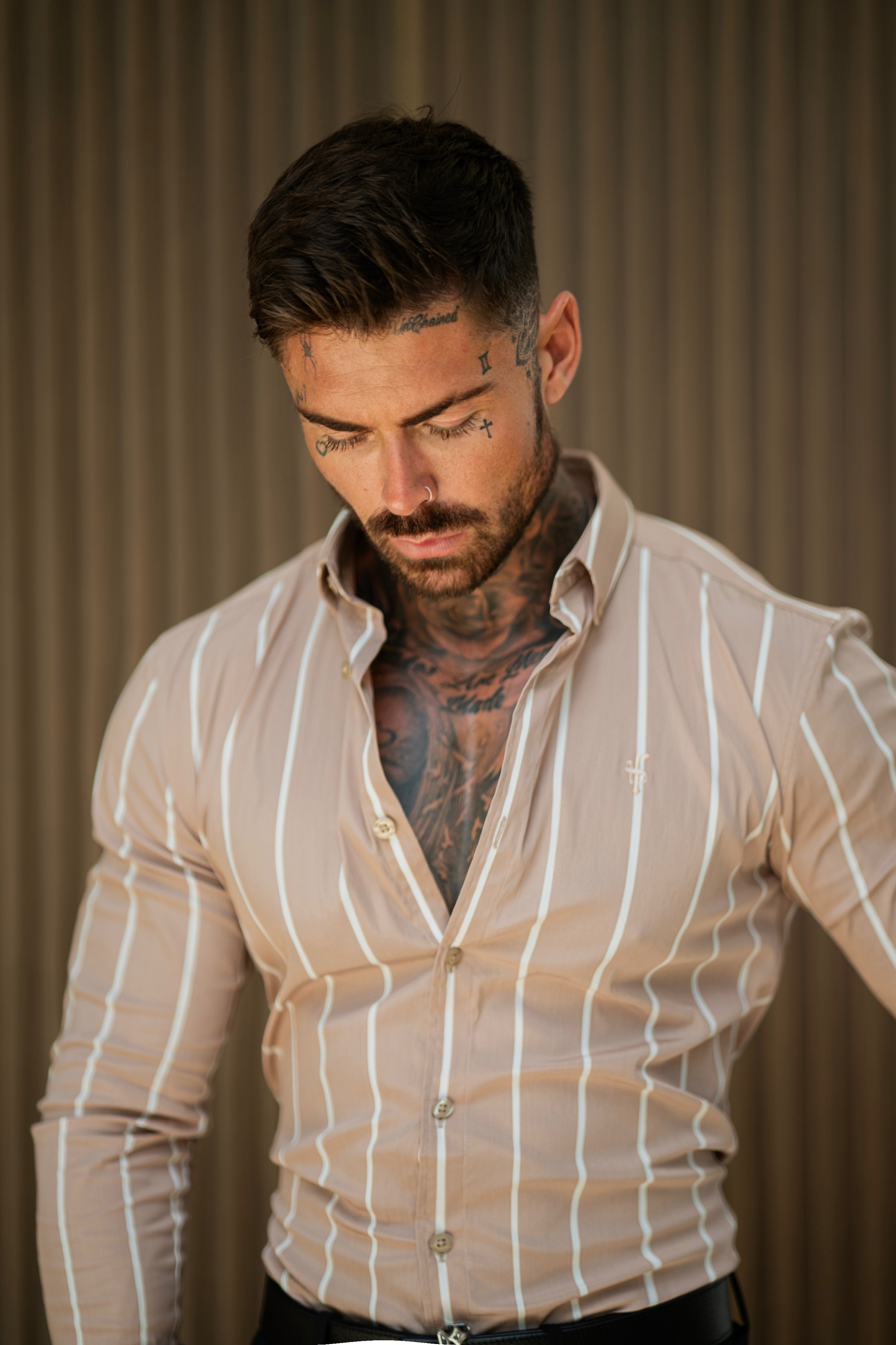 Super Slim Stretch Taupe Printed Wide Stripe Long Sleeve with Button Down Collar - FS1065