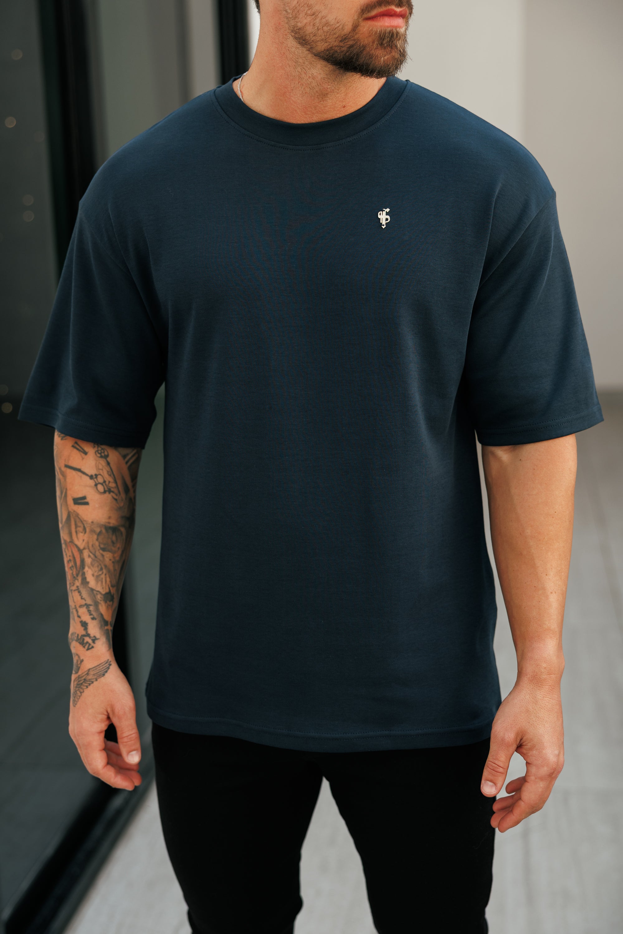 Navy / Gold Oversized Crew T Shirt - FSH1422