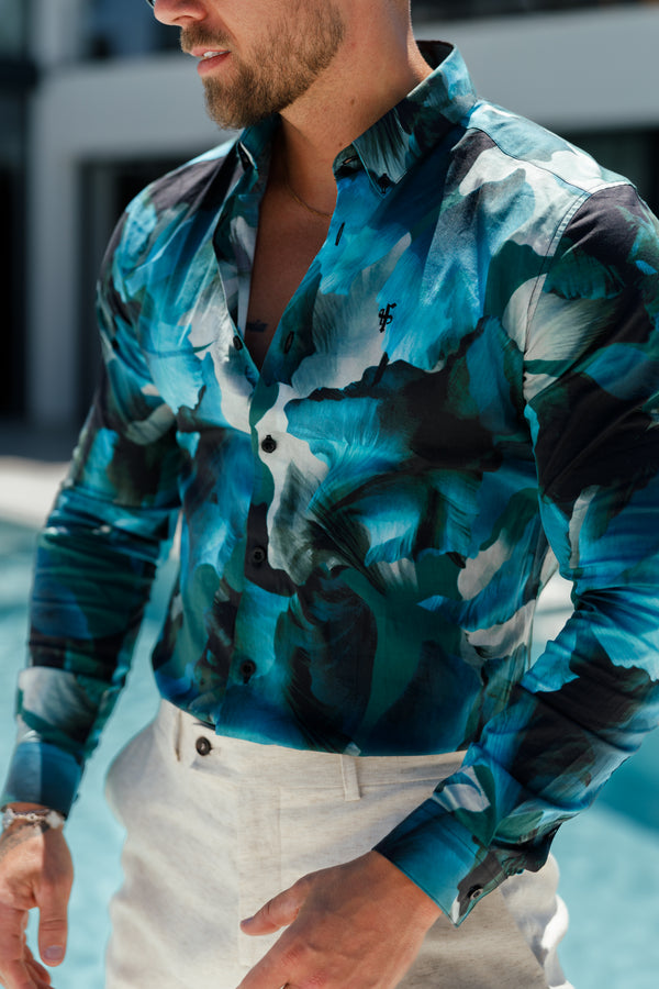 Classic Stretch LS Blue / Green Marine Print Button Down Collar - FS1109  (PRE ORDER 28TH AUGUST)