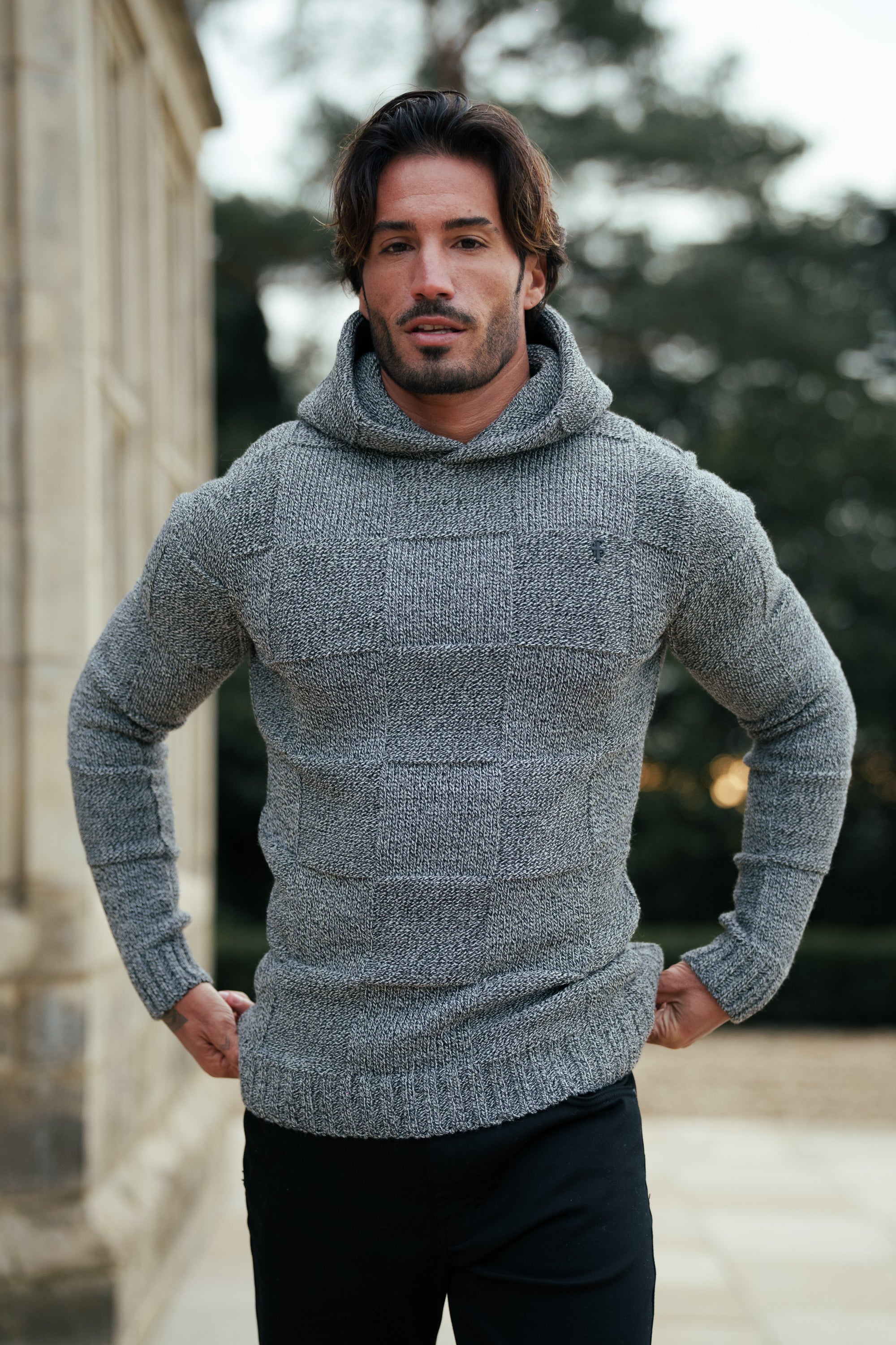 Black / White Two Tone Checkerboard Knitted Hoodie - FSJ134