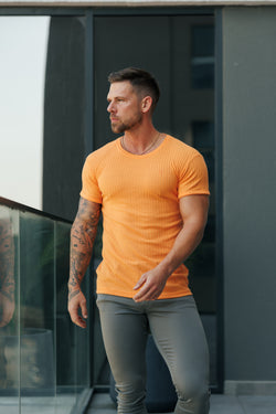 Father Sons Classic Orange Ribbed Knit Super Slim Short Sleeve Crew - FSH1163