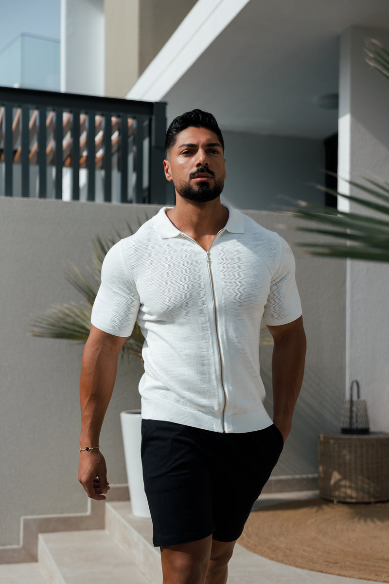 Father Sons Classic Knitted Textured Design With Full Length Zip Off White Short Sleeve - FSN152