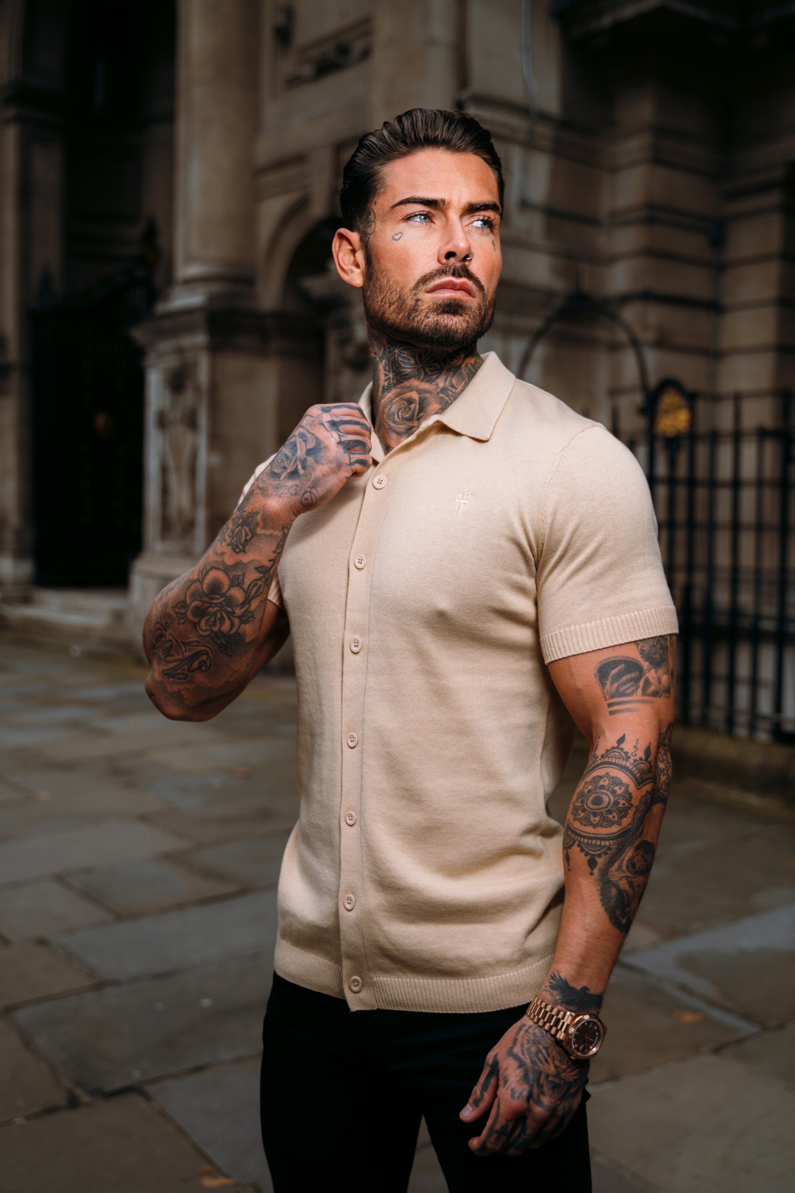 Classic Plain Beige Knitted Button Through Polo Short Sleeve - FSN104