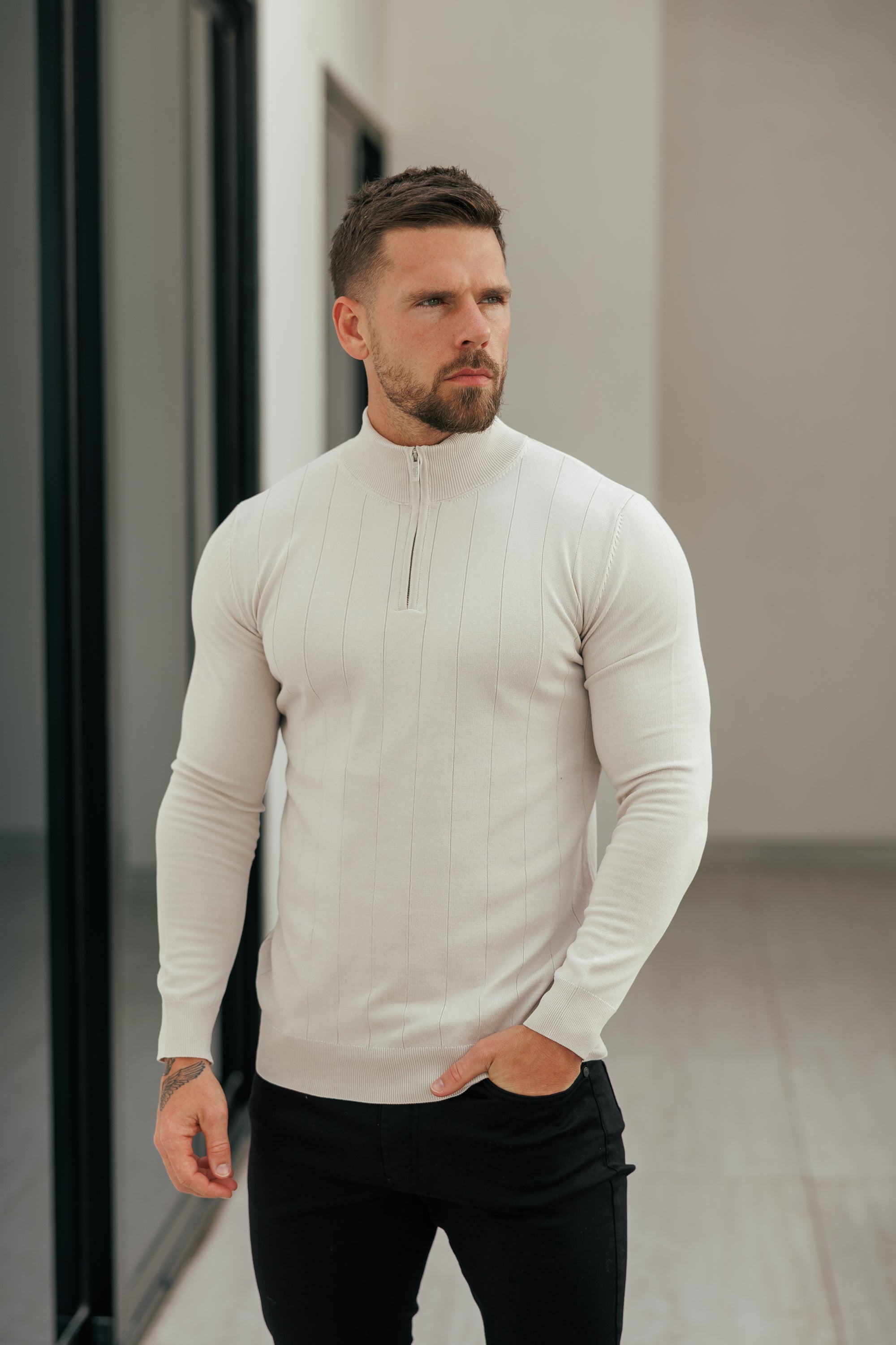 Self Stripe 1/4 Zip Funnel Neck Knit Jumper Cream Long Sleeve  -  FSR052