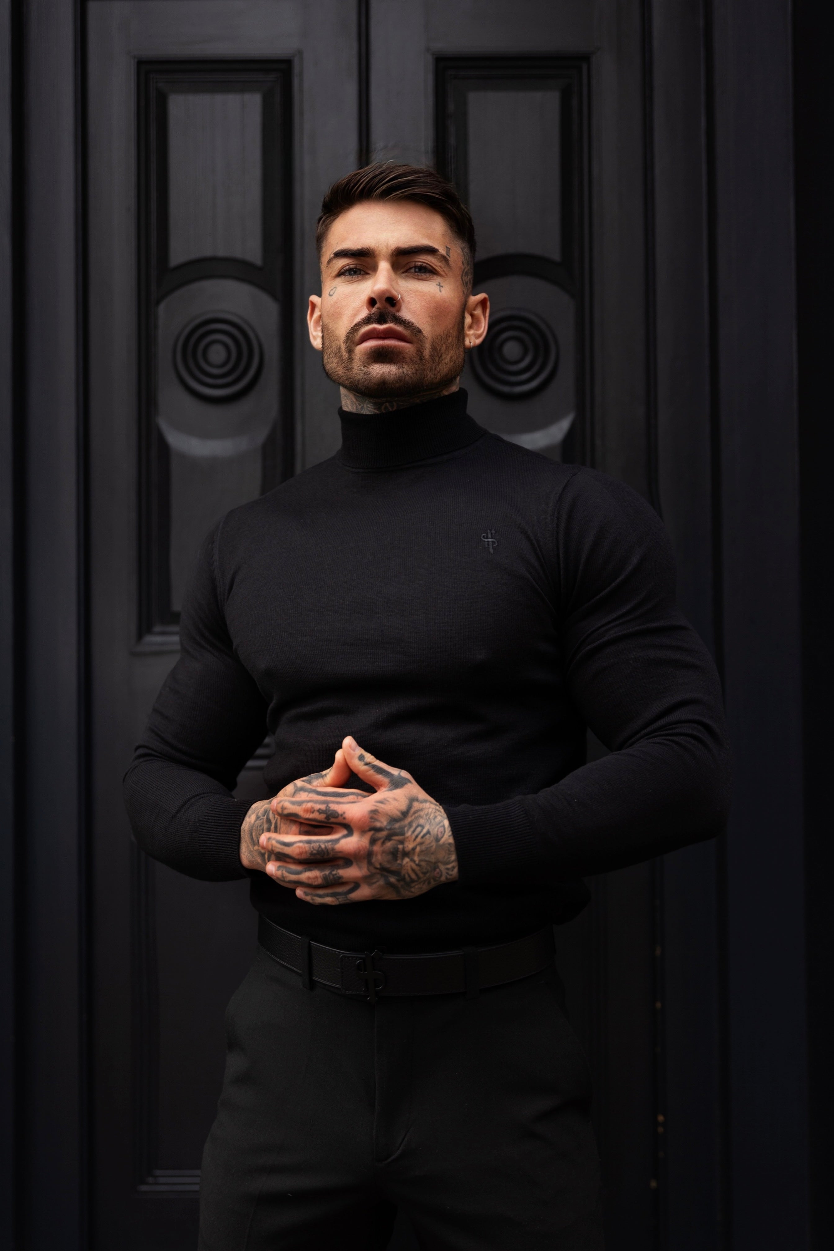 Classic Black Roll Neck Knitted Jumper With Tonal Emblem - FSN135