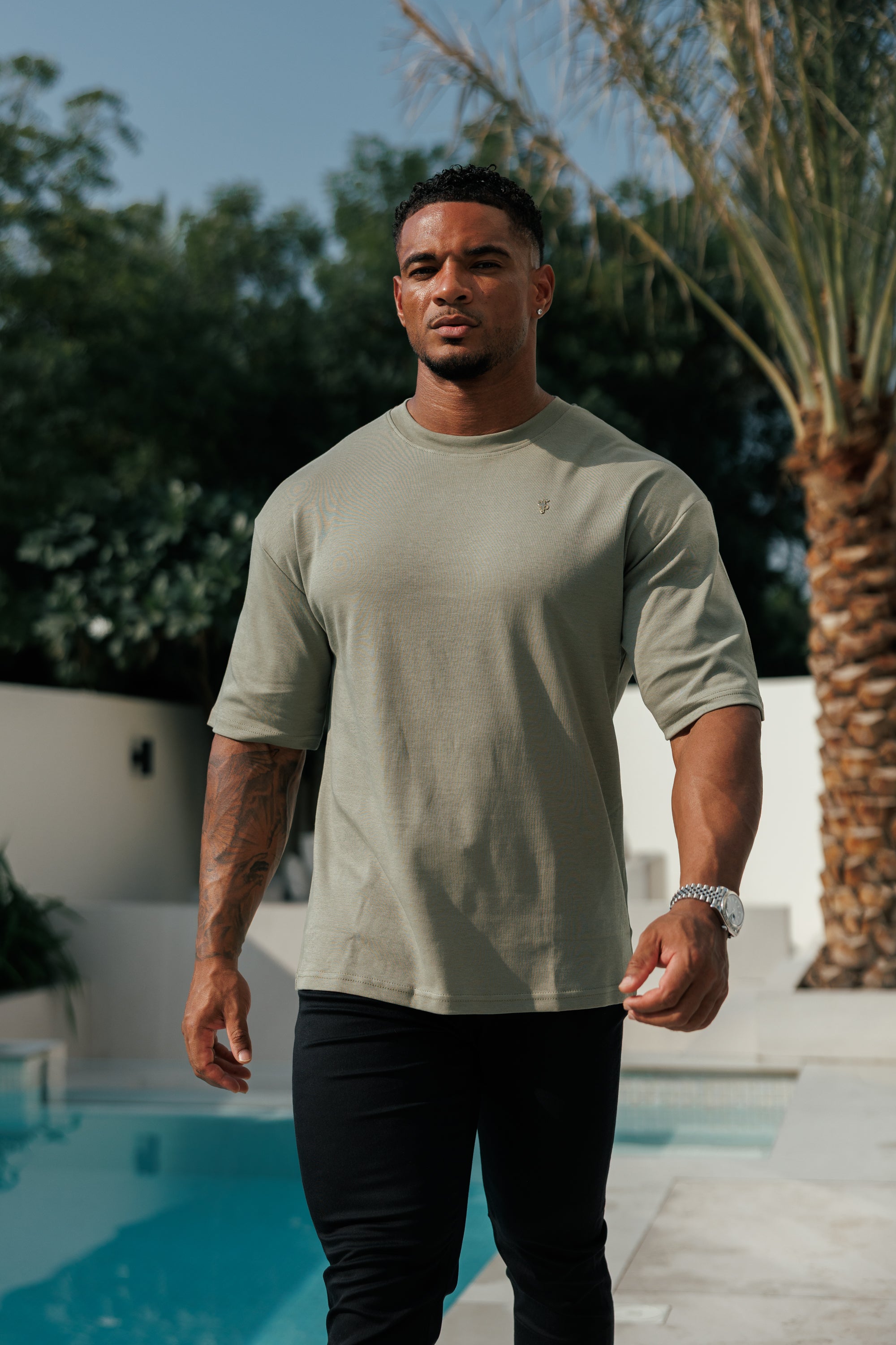 Olive / Gold Oversized Crew T Shirt - FSH1419