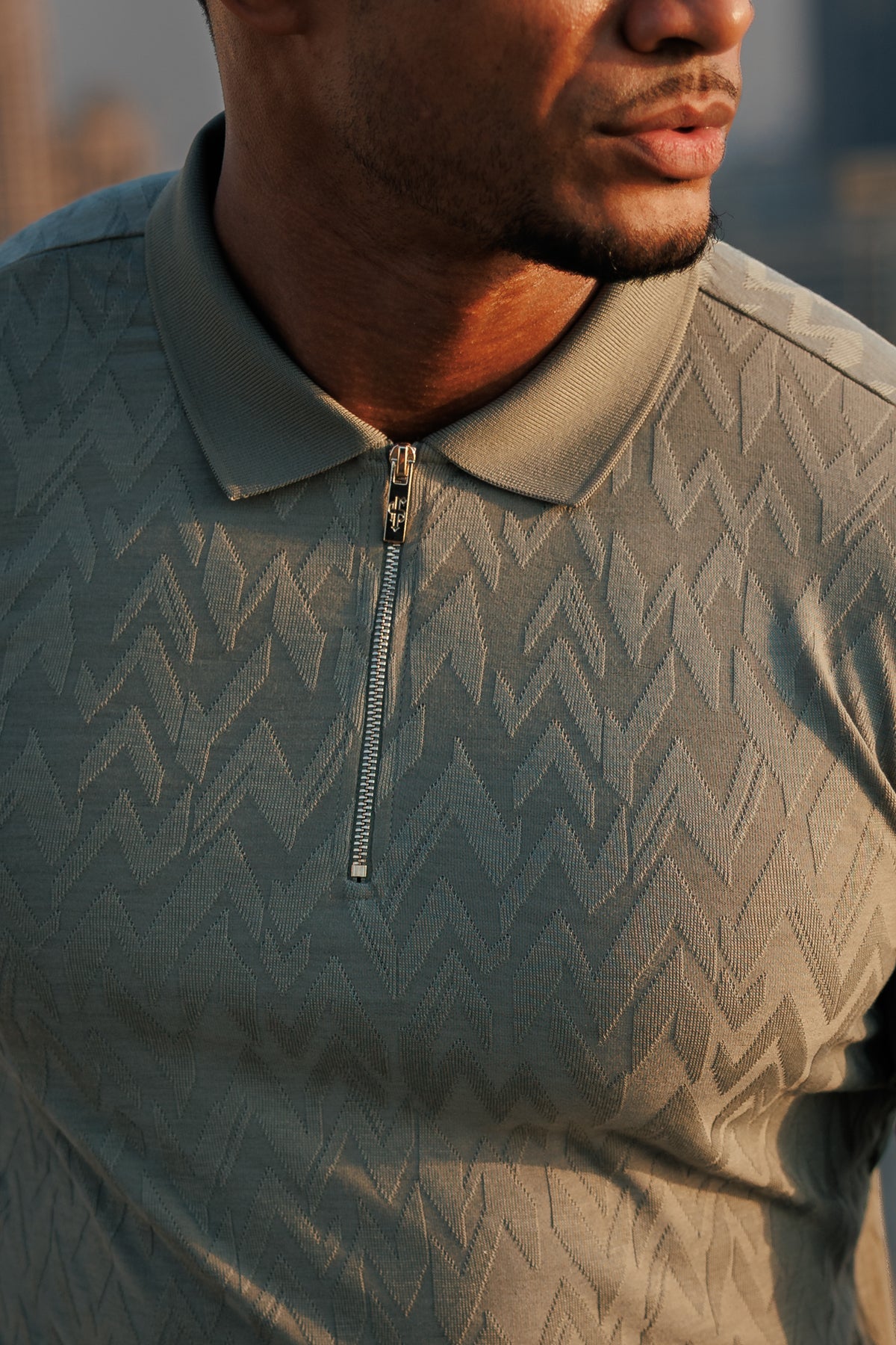 Classic Jacquard Olive Chevron Zipped Polo - FSR060