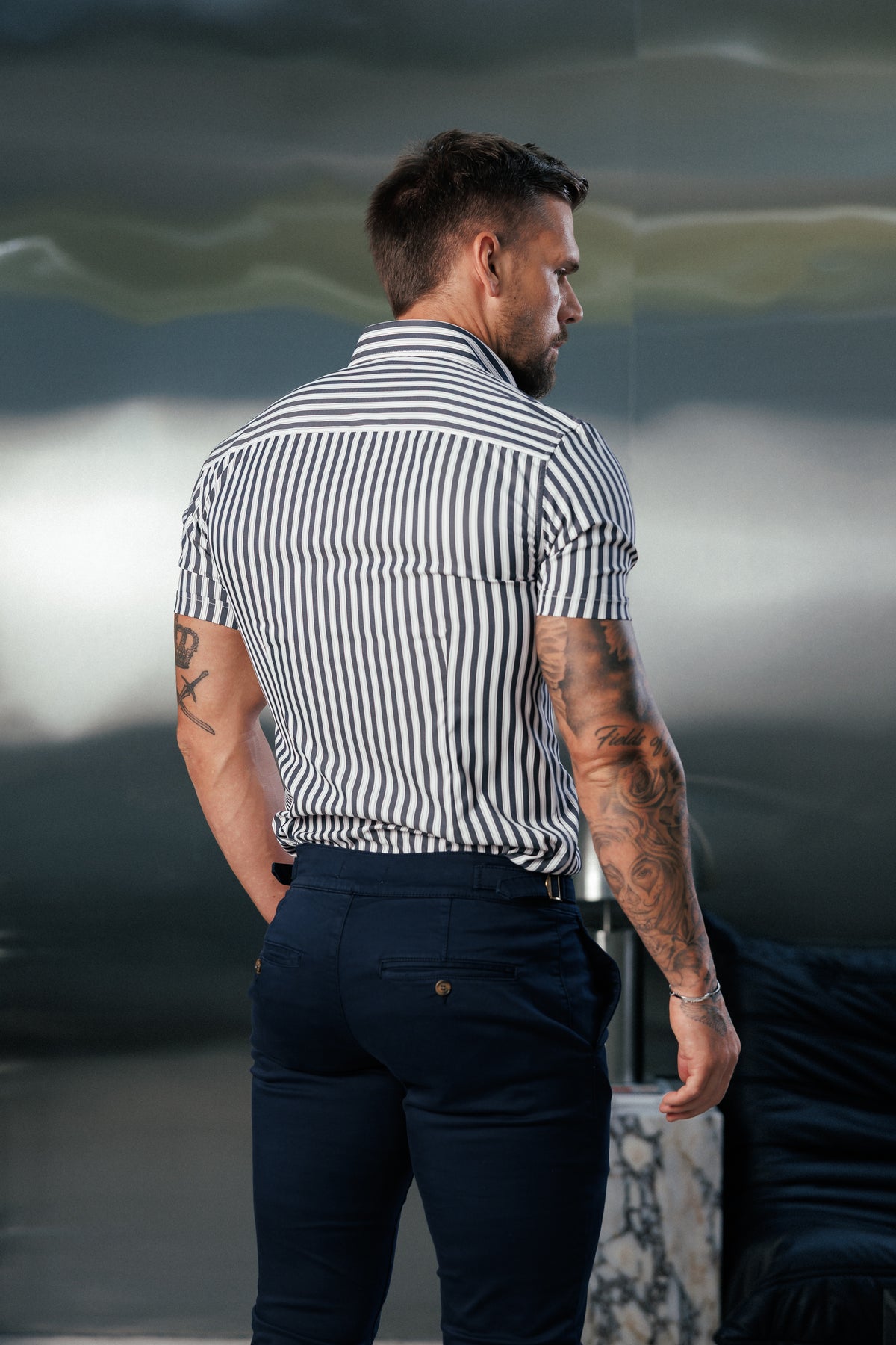 Super Slim Stretch Sateen Touch White / Navy Double Stripe Short Sleeve  -  FS1288