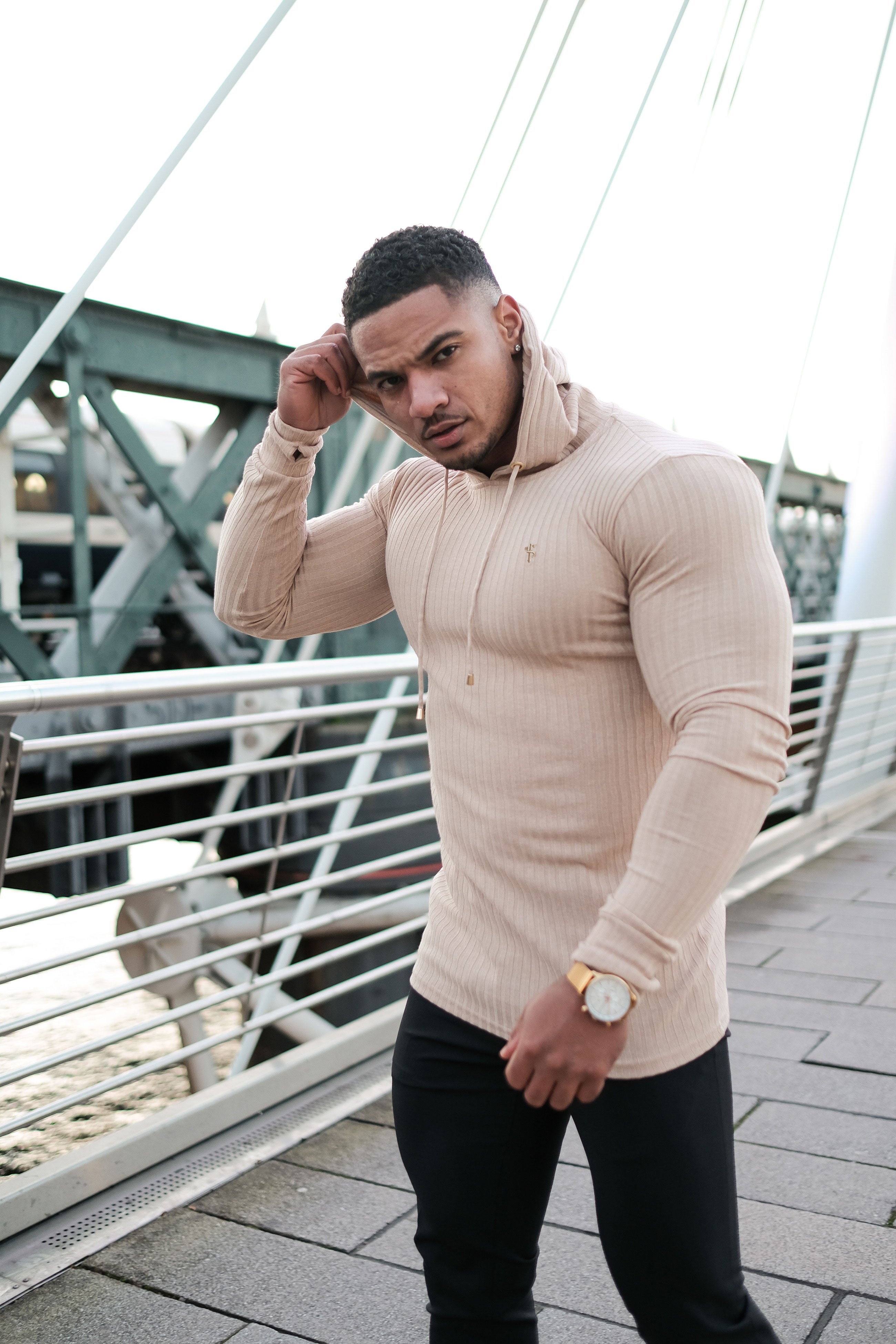 Classic Beige Ribbed Knit Hoodie Jumper - FSH907