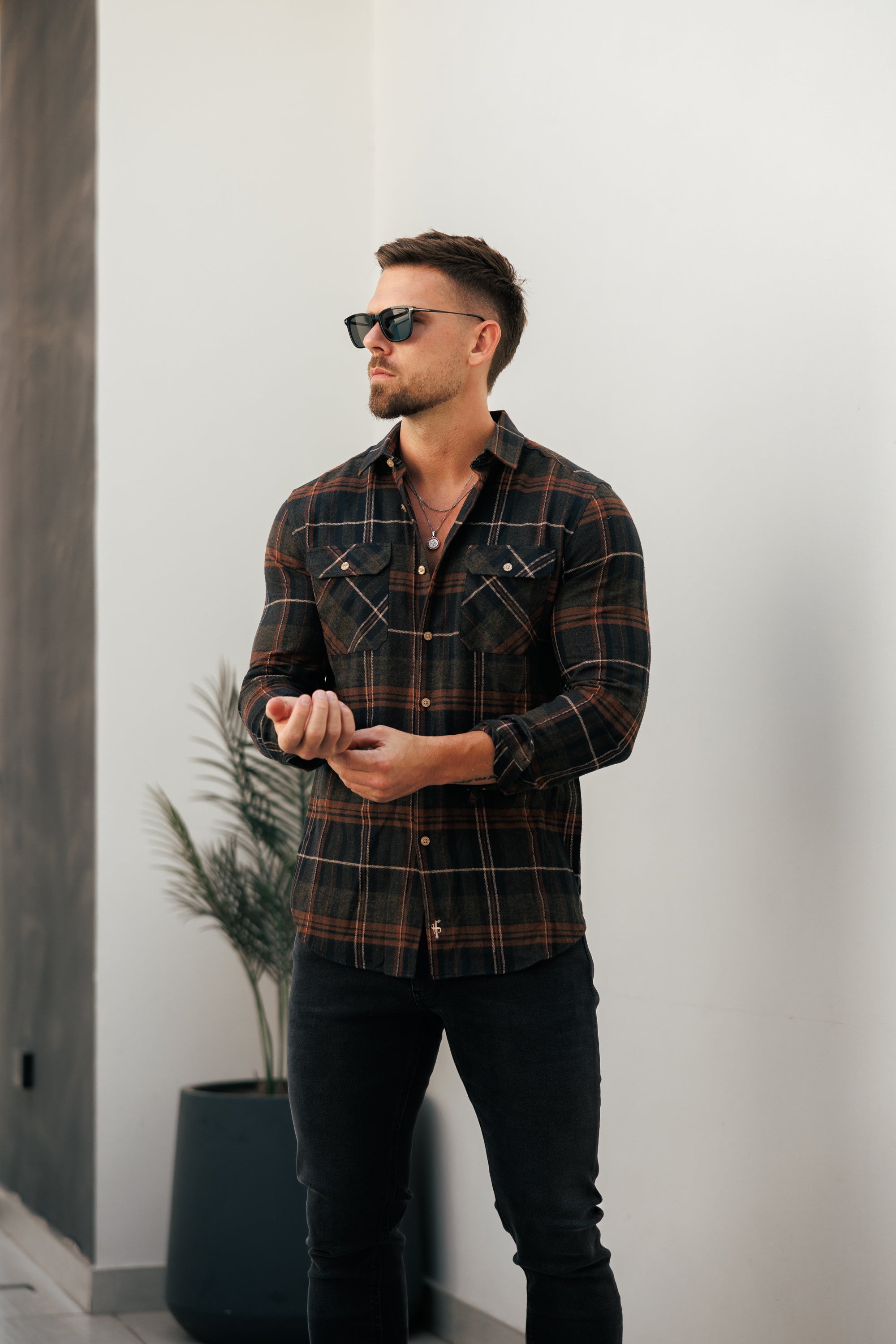 Brown Check Shacket With Double Pockets - FS1196