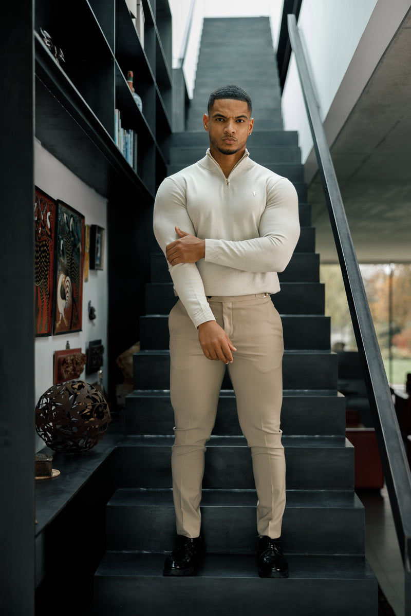 Father Sons Slim Formal Beige Stretch Trousers With Gold Waist Adjuste
