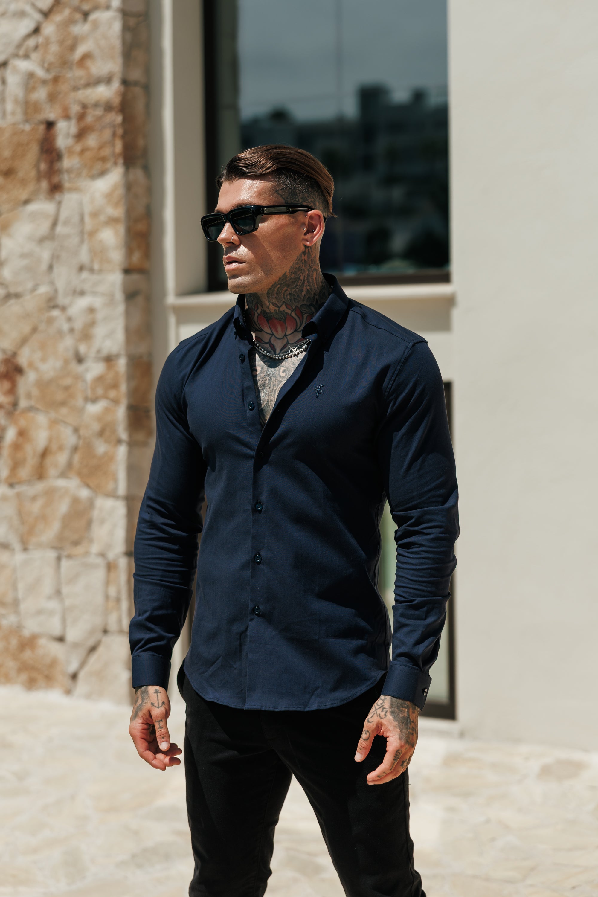 Classic Stretch Oxford Long Sleeve Navy with Button Down Collar - FS1230