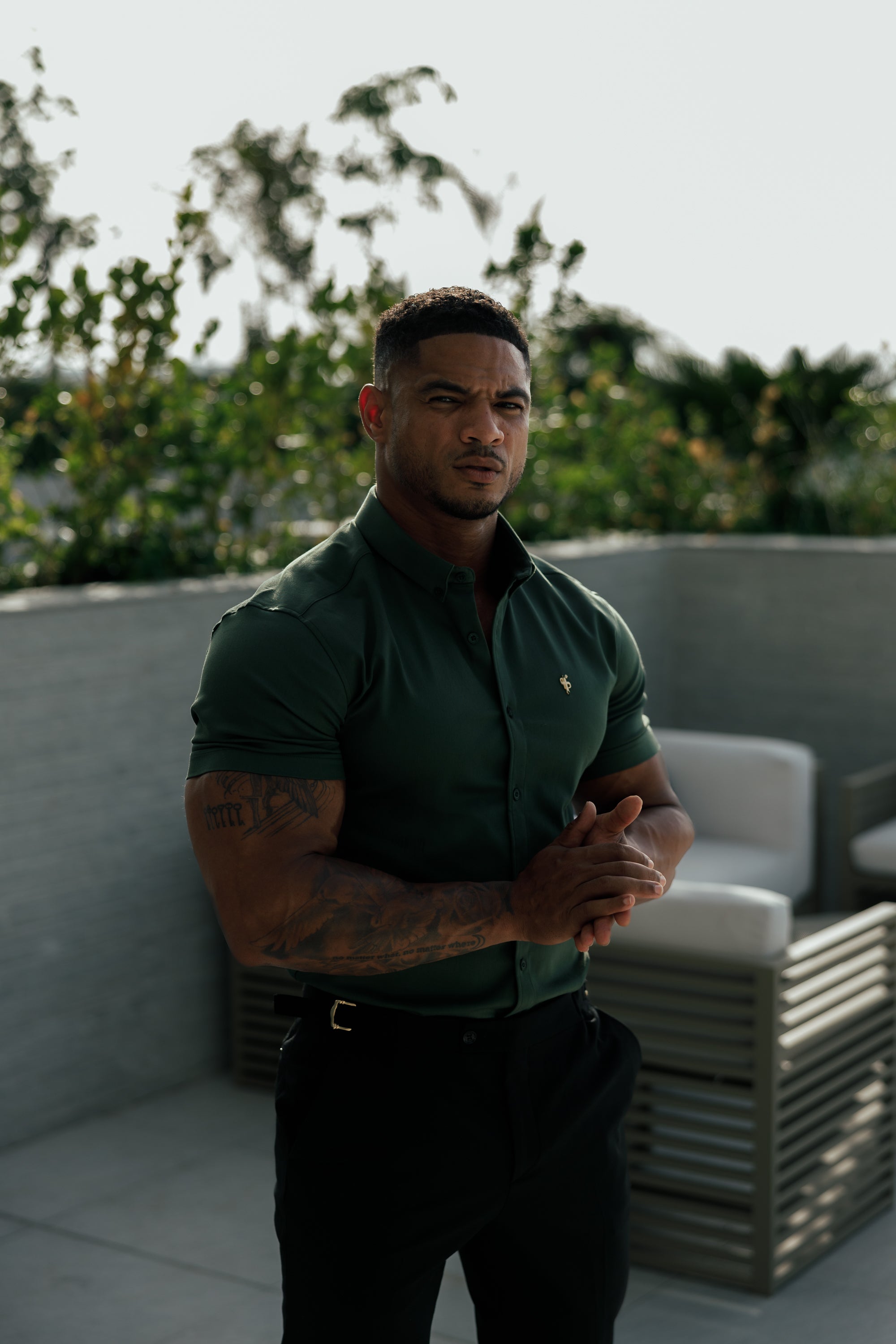 Super Slim Stretch Khaki Denim Short Sleeve with Gold Metal Decal and Button Down Collar - FS1043