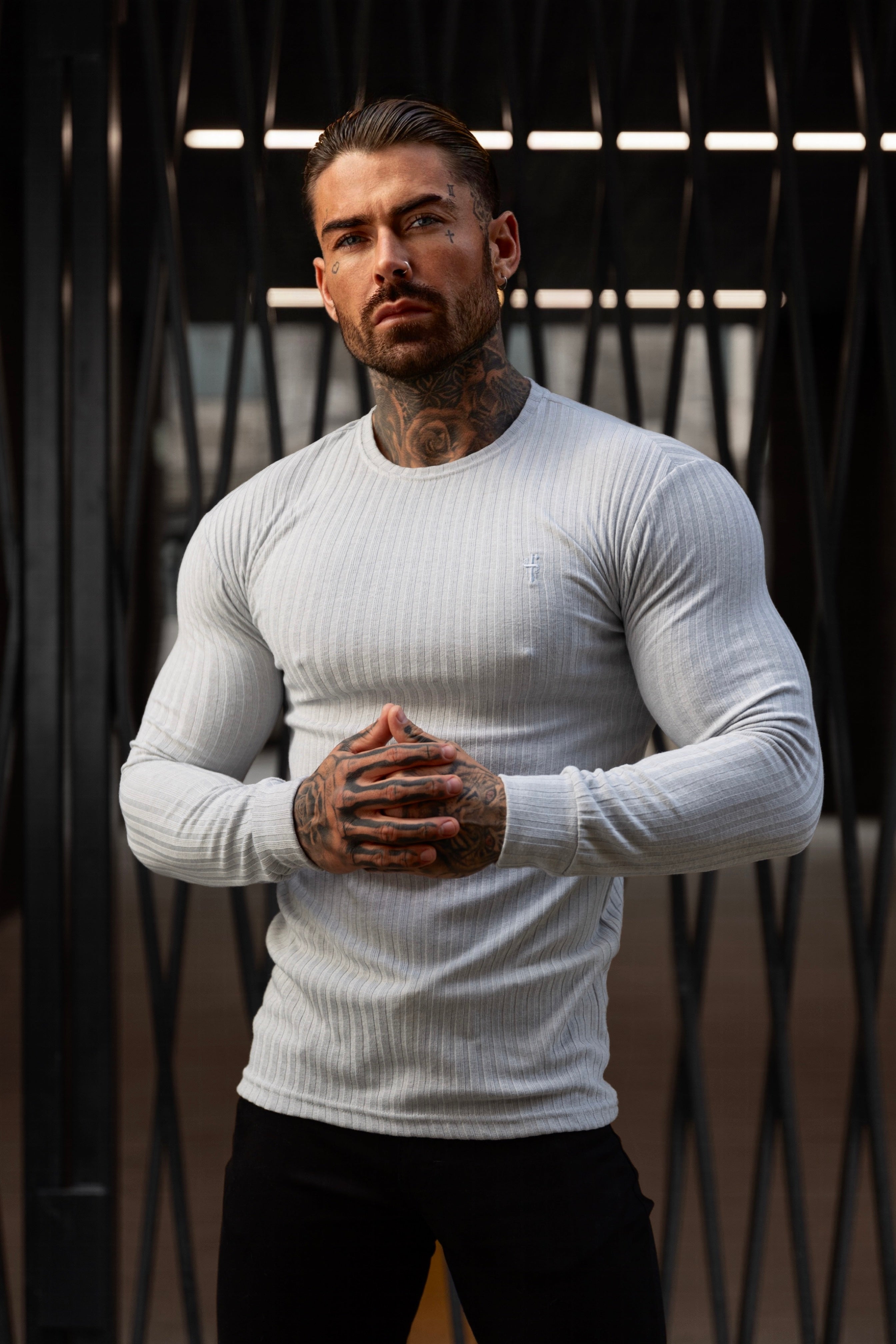 Classic Light Grey Ribbed Knit Jumper With Tonal Embroidery - FSH948