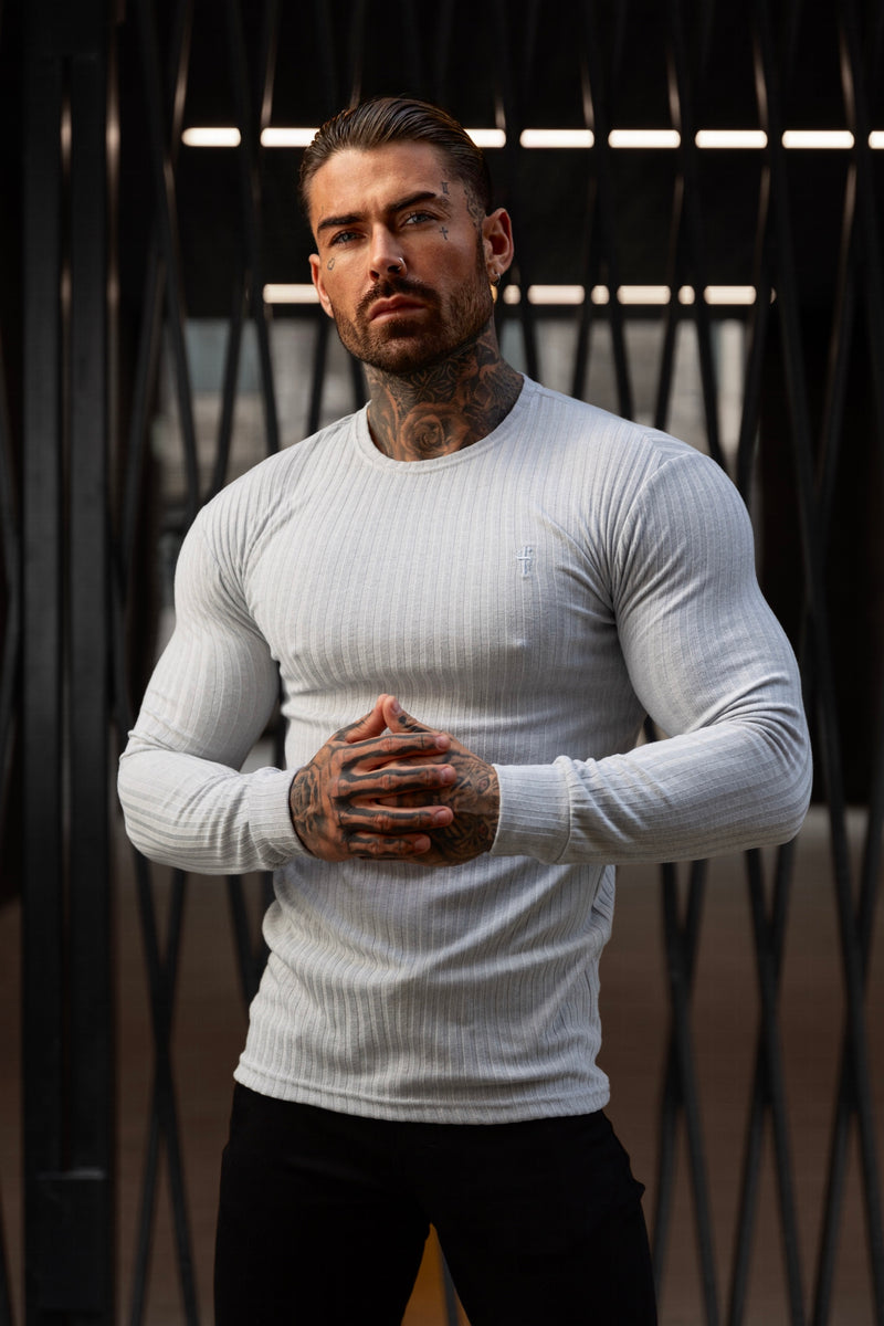 Father Sons Classic Light Grey Ribbed Knit Jumper With Tonal Embroidery - FSH948