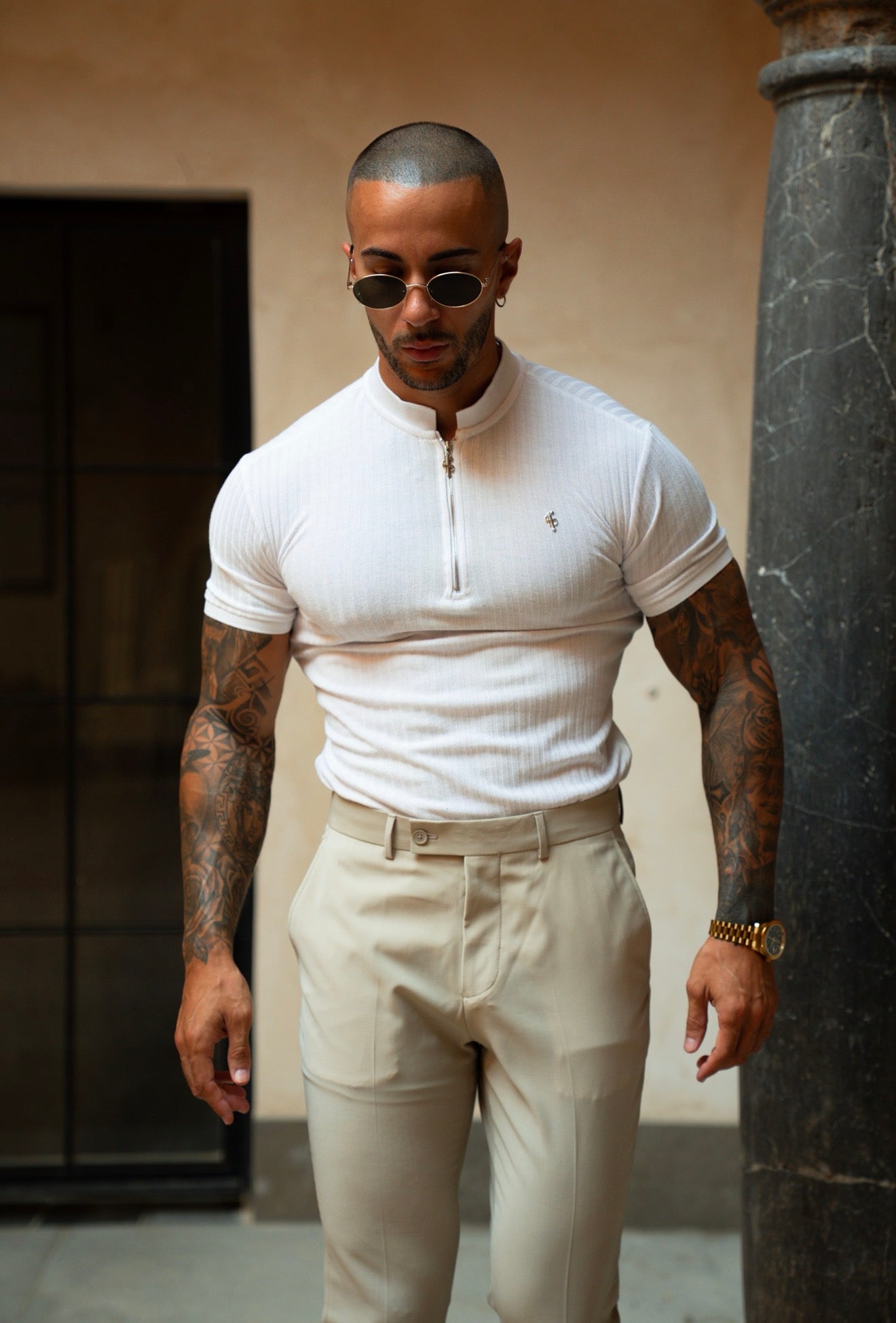 Classic White / Silver  Ribbed Zip Grandad Collar Shirt Short Sleeve - FSH1447