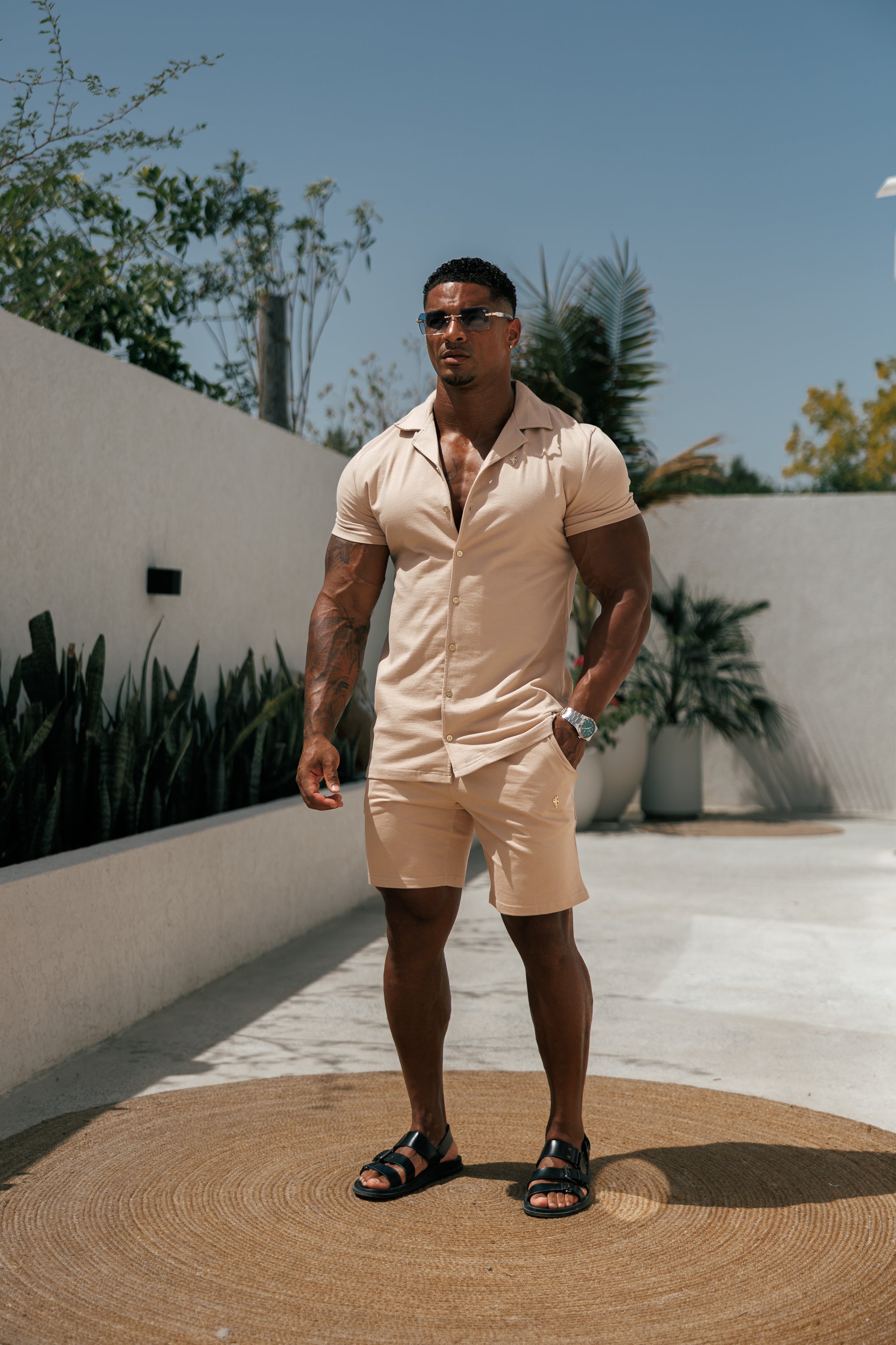 Stretch Beige / Gold Pique Revere Shirt Short Sleeve - FSH1075