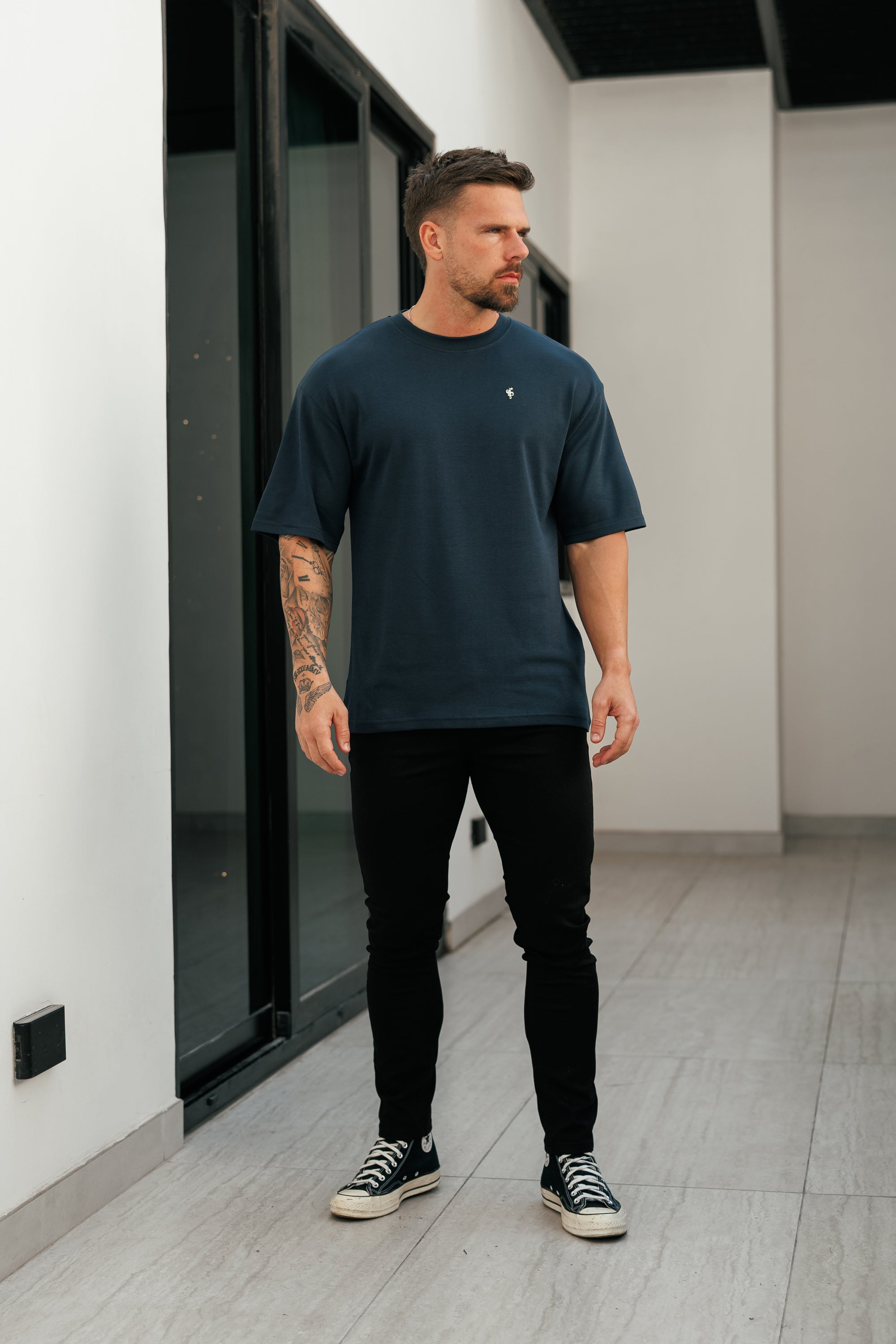 Navy / Gold Oversized Crew T Shirt - FSH1422