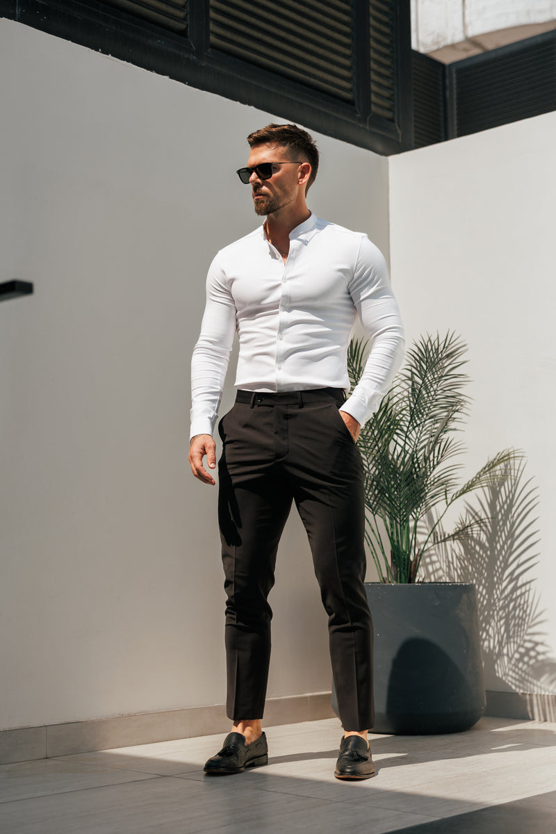 FS Super Slim Scuba White Long Sleeve Stretch with Grandad Collar - FS1170