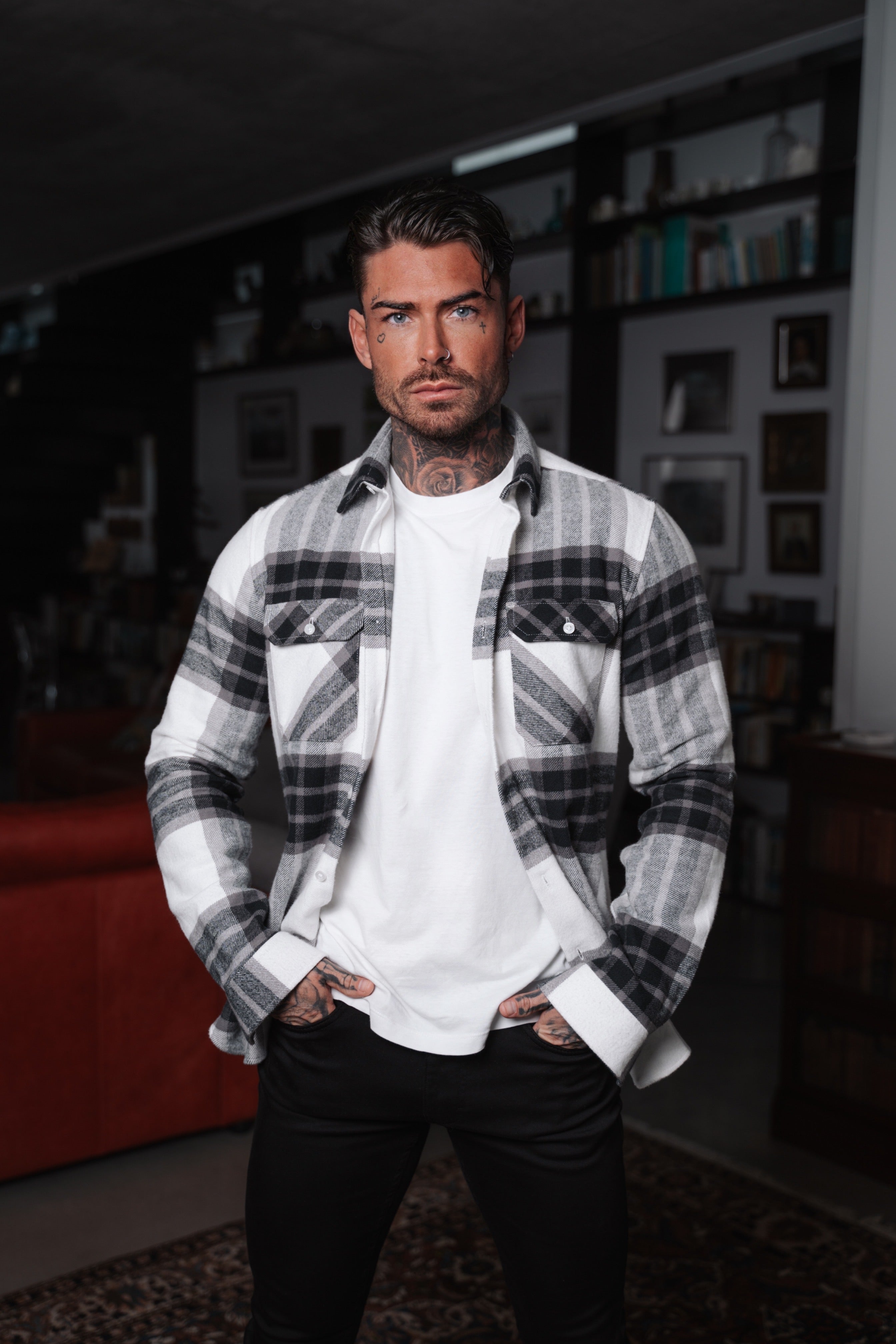 Heavy Brushed Off White / Grey Check Shacket With Double Pockets - FS1034