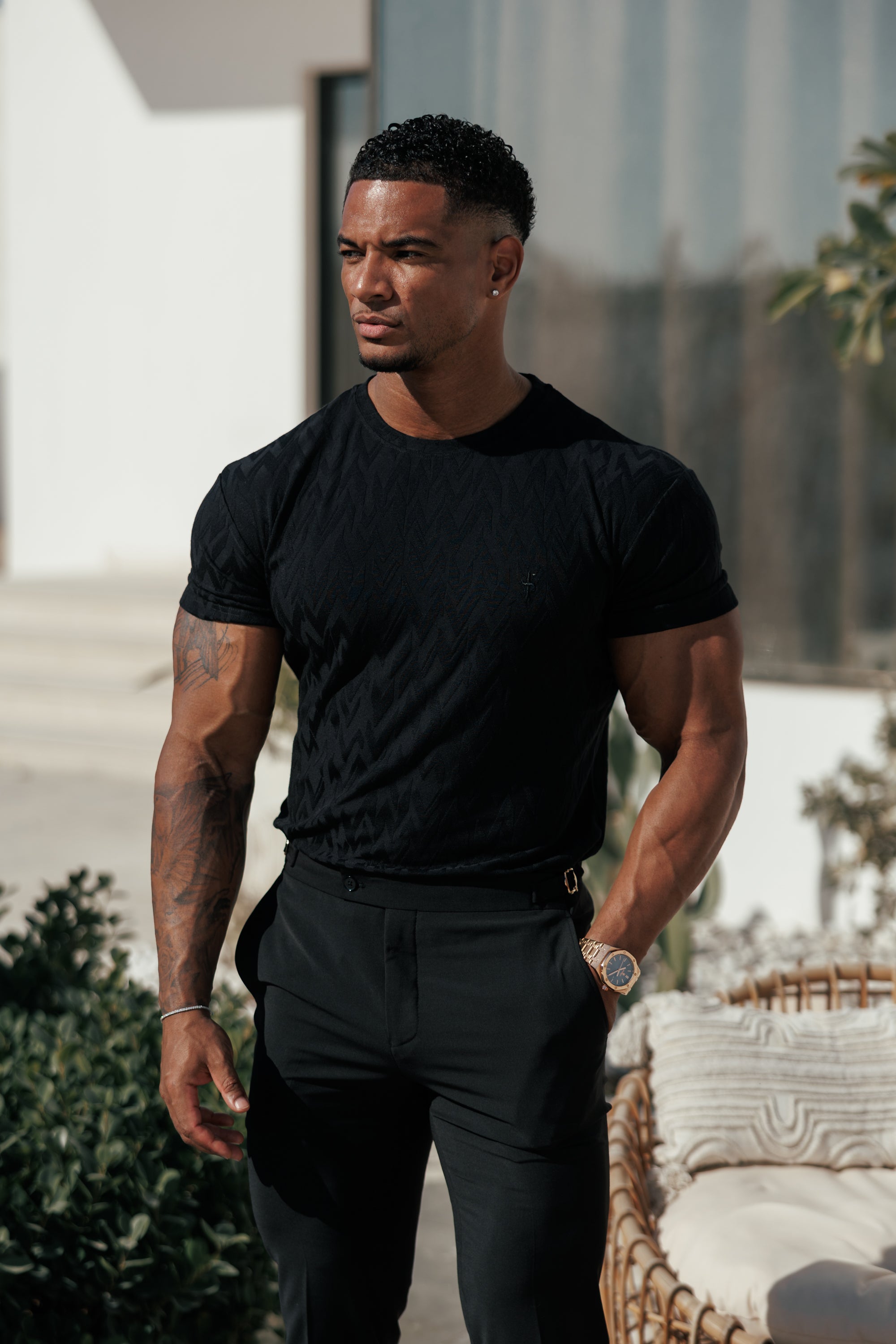 Regular Fit Jacquard Black Chevron T-Shirt - FSR046