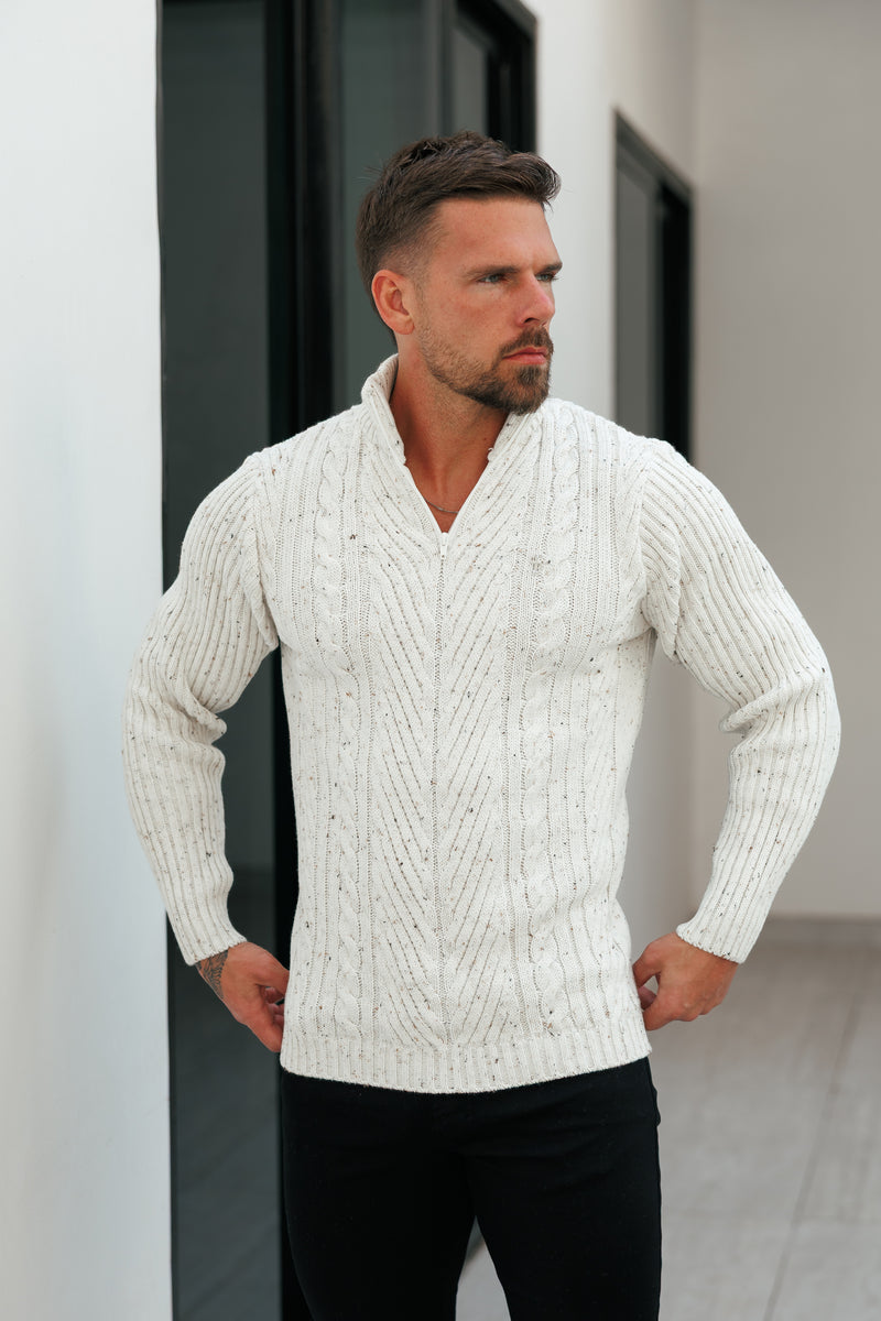 FS Funnel Neck Jumper with Quarter Zip Beige Fleck - FSJ156  (PRE ORDER 29TH DECEMBER)