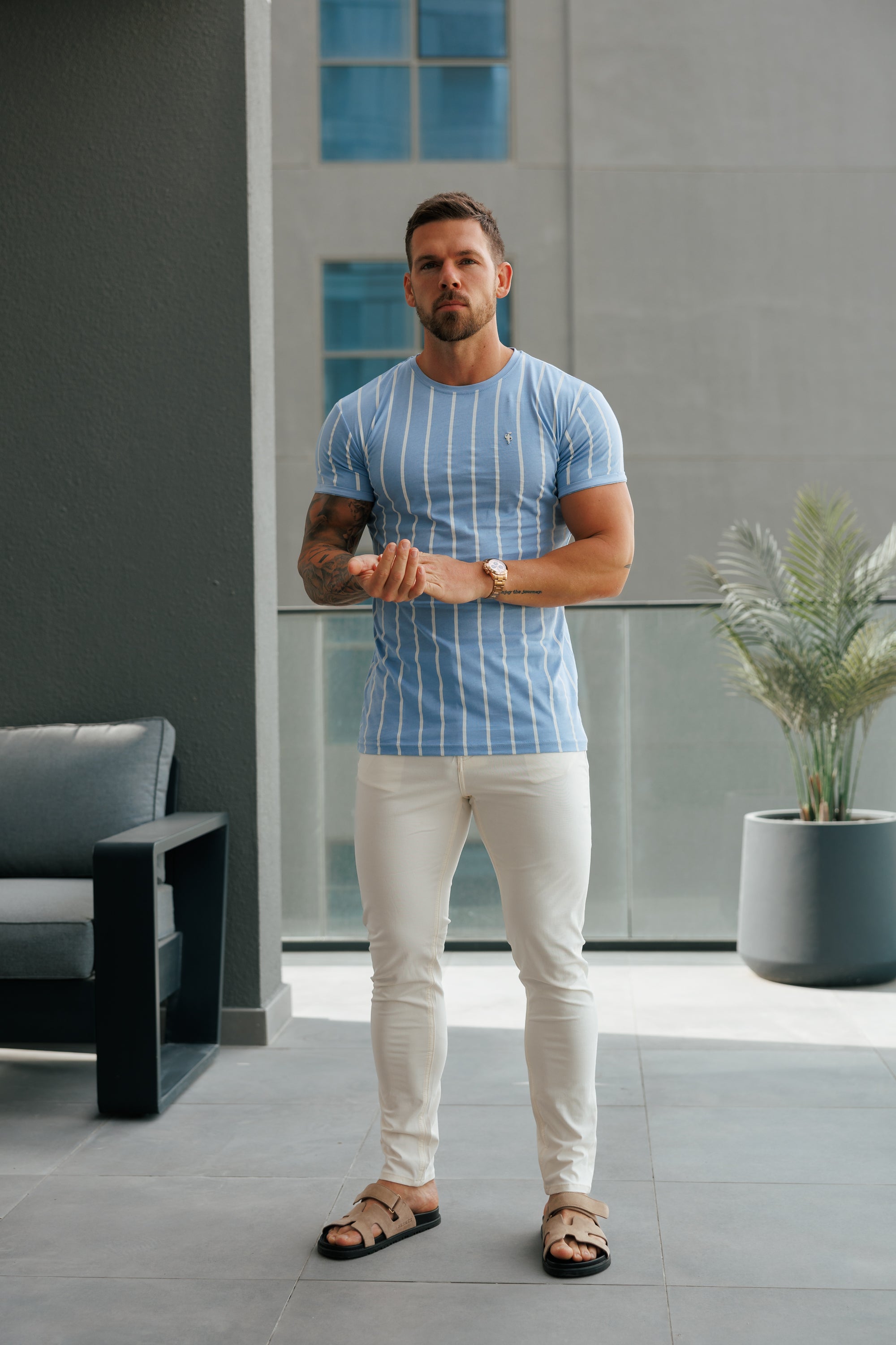 Printed Light Blue / White Stripe Fitted T Shirt - FSH1169