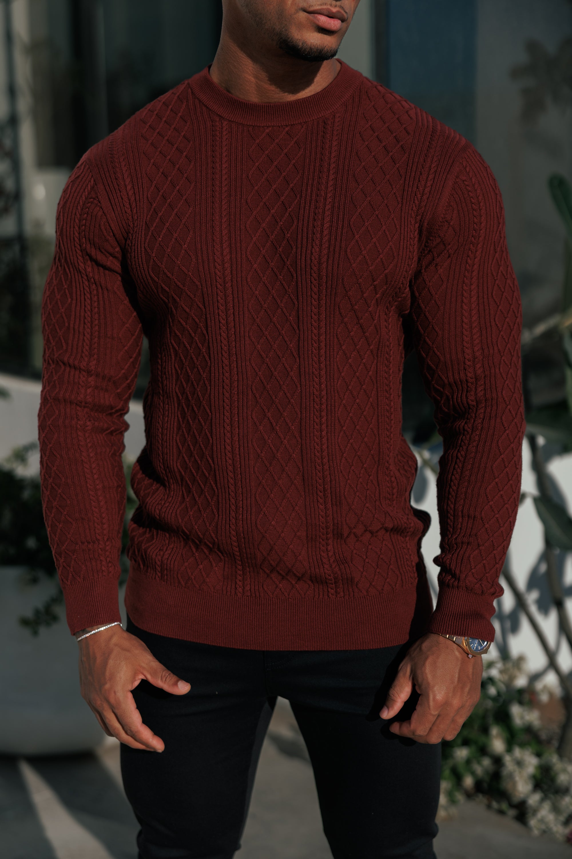Fine Knit Diamond Burgundy Jumper Long Sleeve  -  FSA008