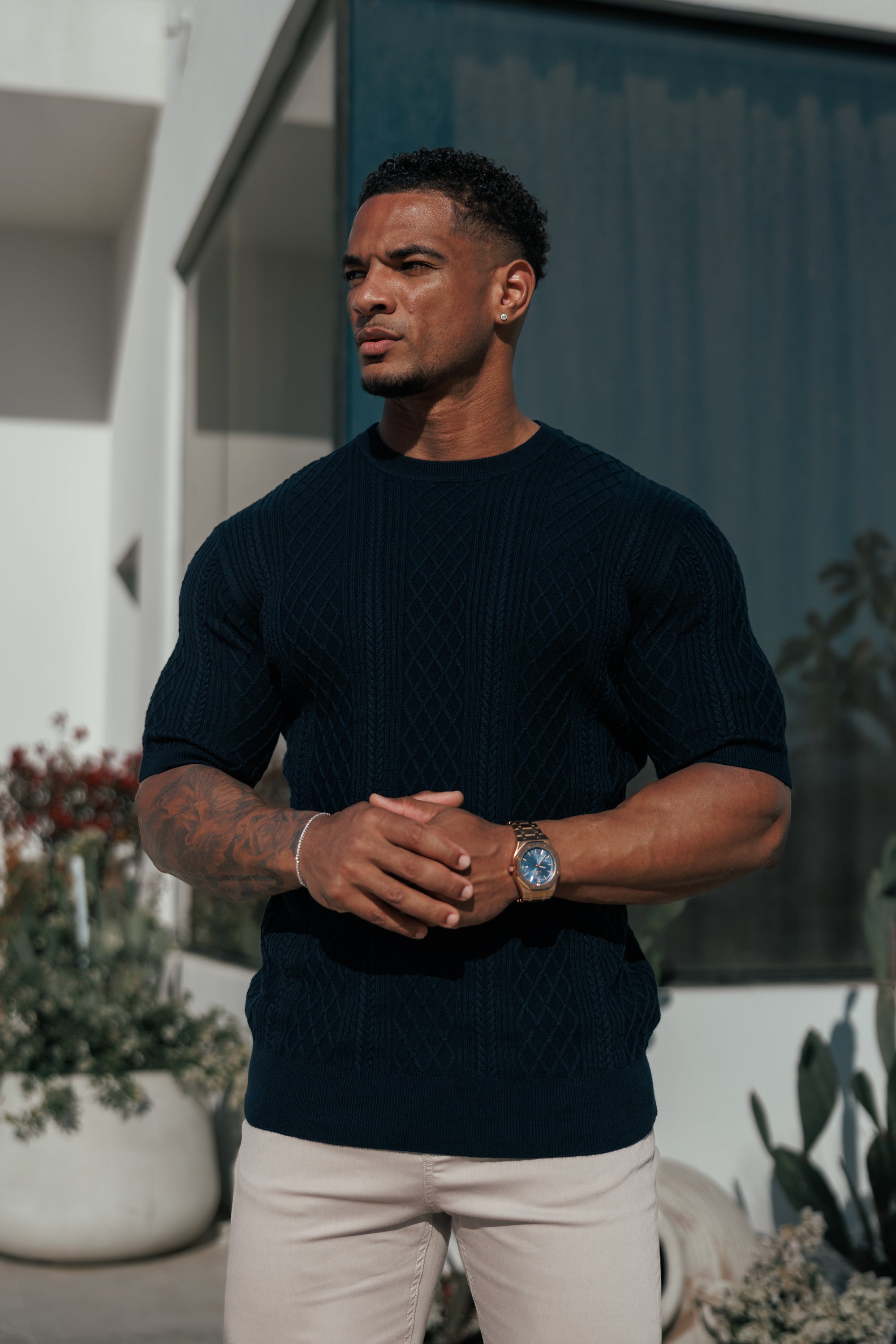 Fine Knit Diamond Navy Jumper Short Sleeve - FSA011