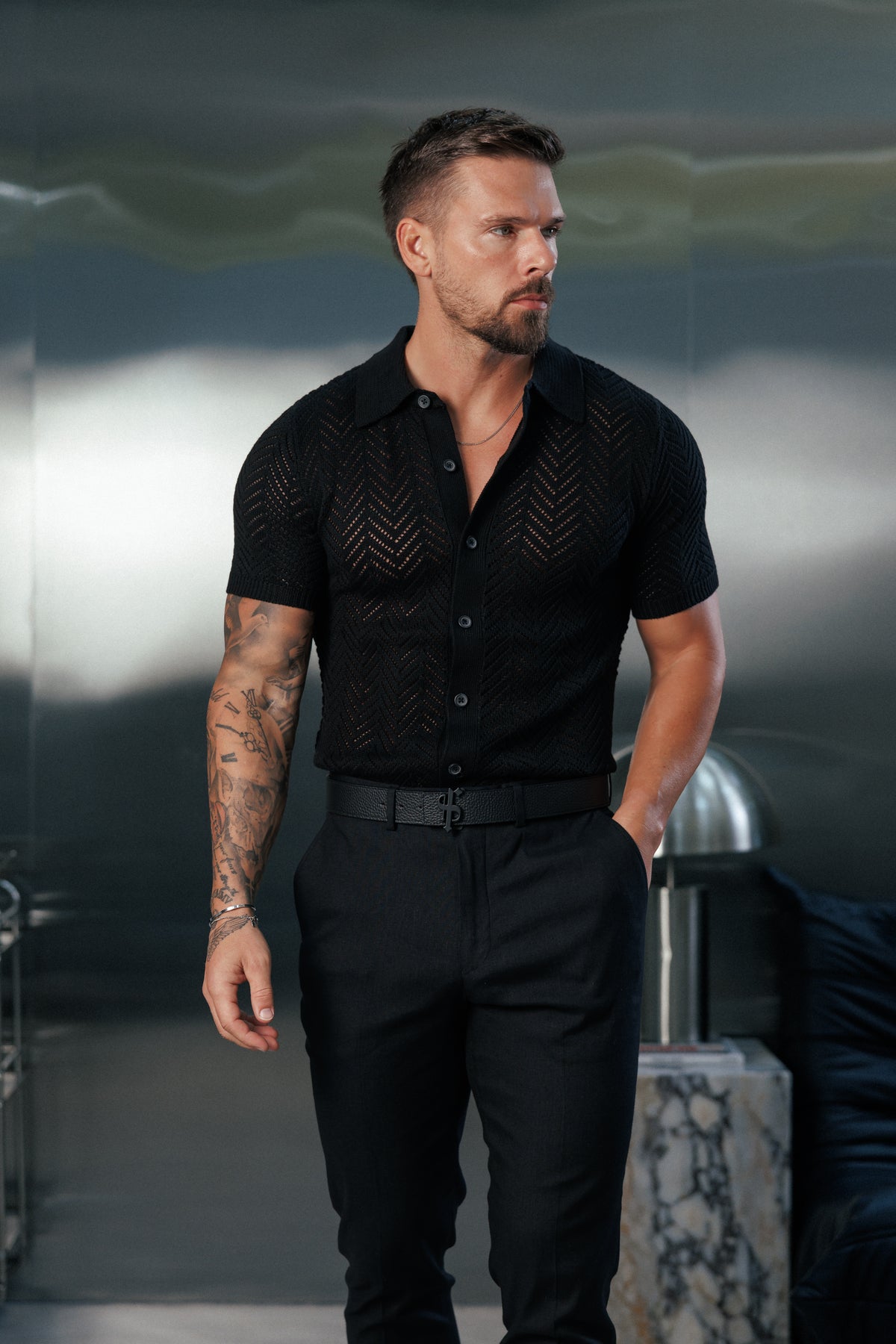 Black Chevron Perforated Shirt Short Sleeve -  FSA013