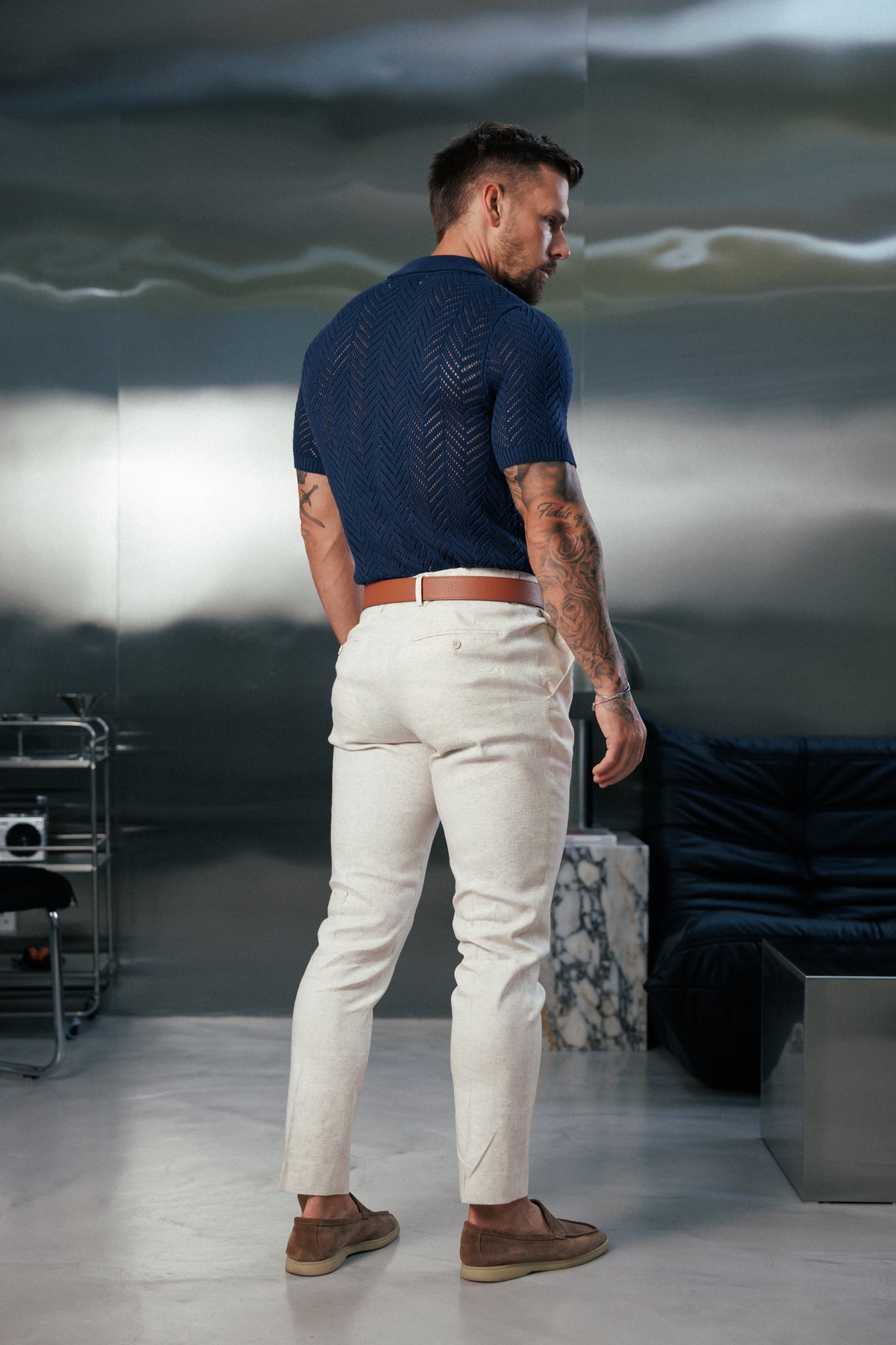 Navy Chevron Perforated Shirt Short Sleeve - FSA014