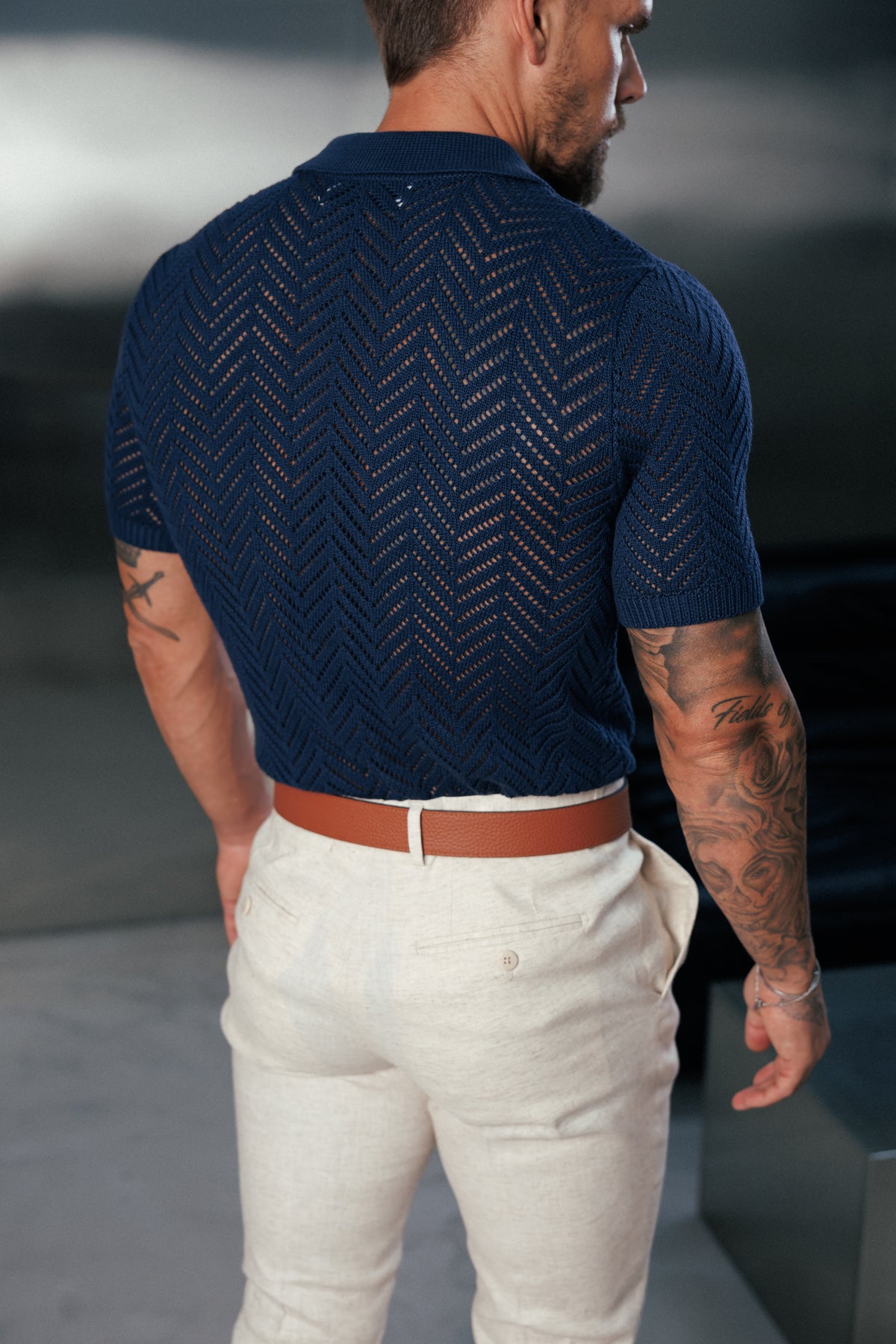 Navy Chevron Perforated Shirt Short Sleeve - FSA014