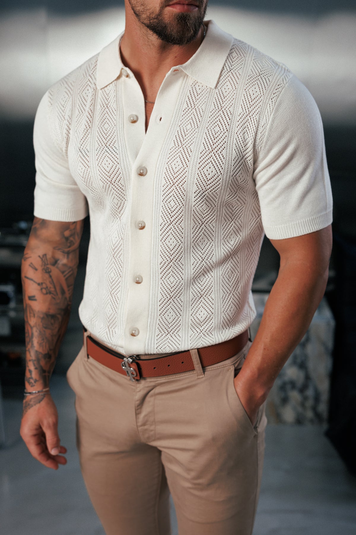 Cream Diamond Stripe Perforated Shirt Short Sleeve - FSA024