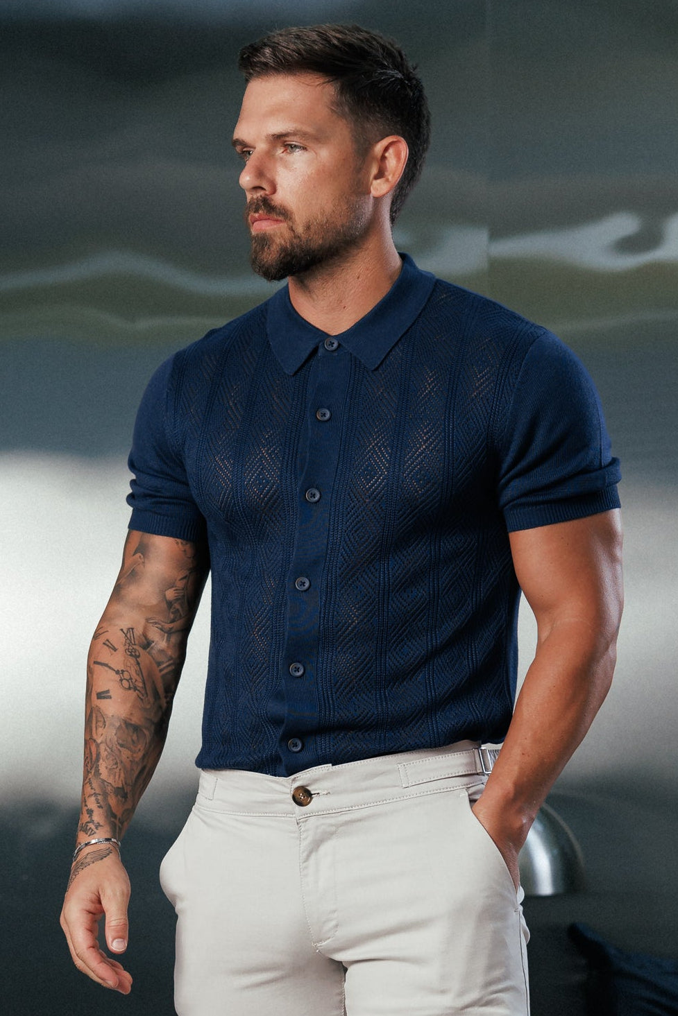 Navy Diamond Stripe Perforated Shirt Short Sleeve - FSA023