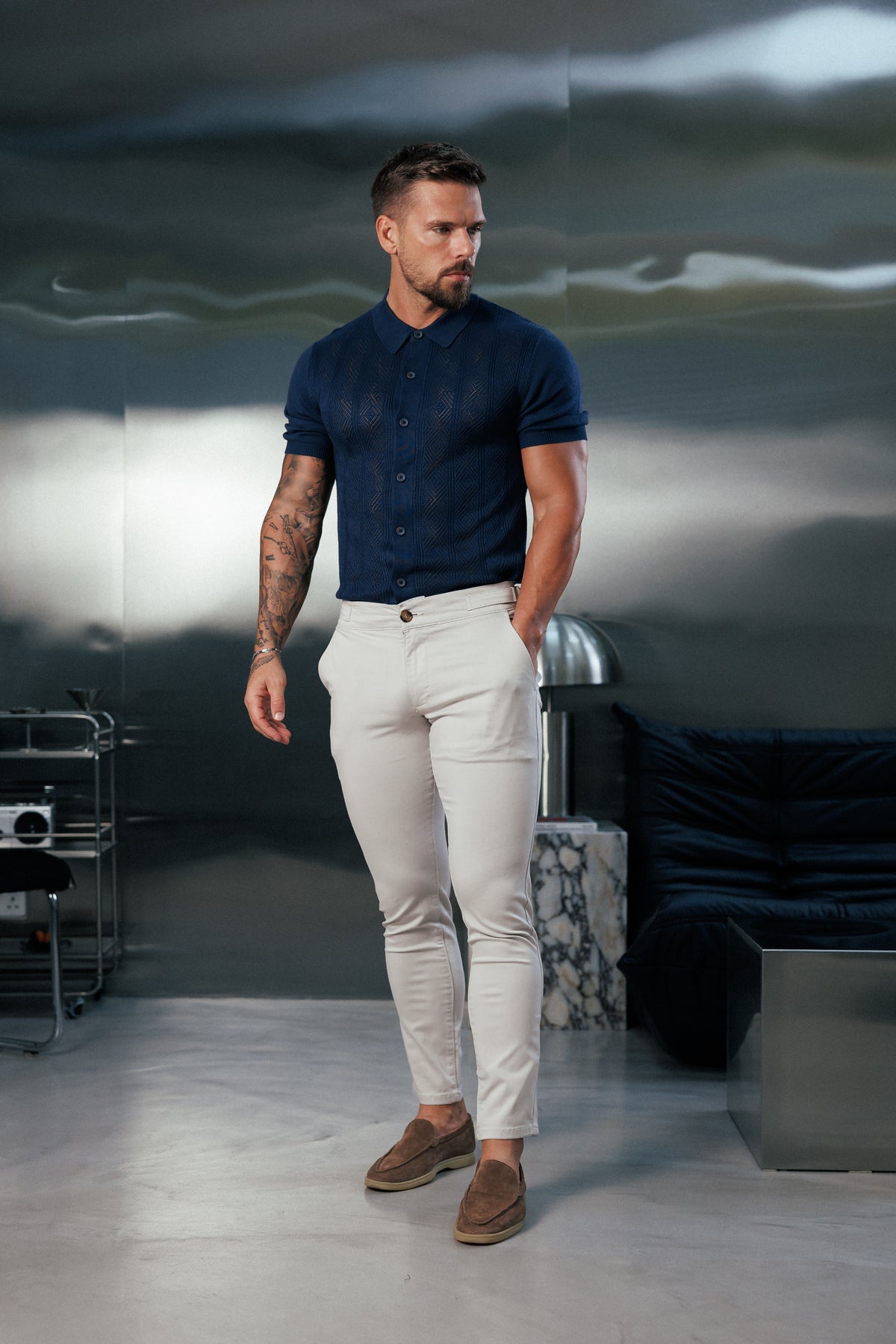 Navy Diamond Stripe Perforated Shirt Short Sleeve - FSA023