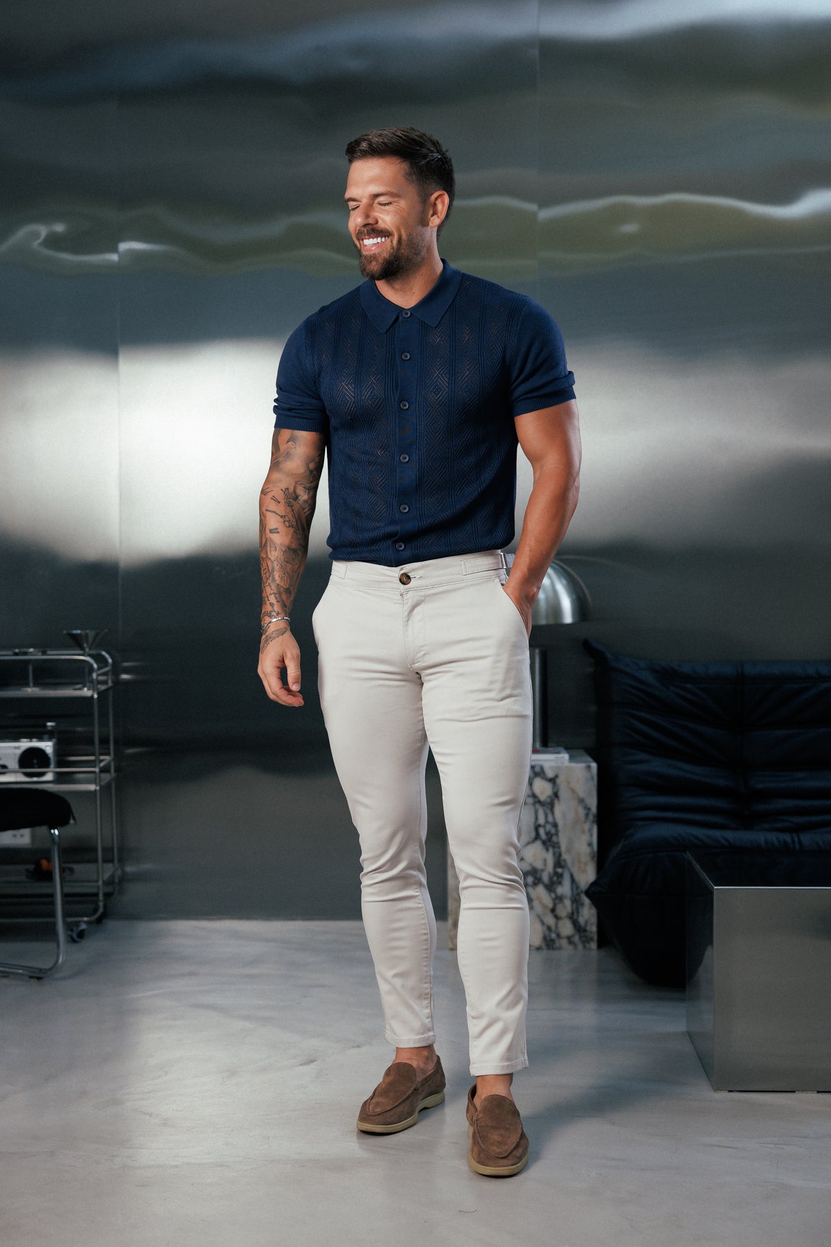 Navy Diamond Stripe Perforated Shirt Short Sleeve - FSA023